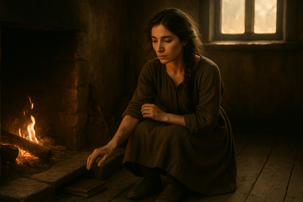 A cinematic, gorgeously shot fairy tale realism scene of Cinder Dubois, a young French woman in her mid-to-late 20s, sitting quietly on a low stool by the hearth in a small, dimly lit room of a crumbling French fairy tale estate. The hearth glows faintly, its embers casting a warm, soft light that mingles with the golden haze of early morning spilling through a cracked window. The air smells of soot and lingering smoke, mixed with the crisp scent of dawn seeping through the weathered wooden walls. Cinder has olive-toned skin bearing faint smudges of ash she traces absently with her calloused fingertips. Her thick, wavy brown hair is tied in a loose braid, with strands curling slightly at the edges from the fire's heat. She wears a patched, earthy wool dress in muted forest and clay tones, visibly worn and handmade, and her sturdy, scuffed leather boots creak faintly as she shifts her weight. Her dark almond-shaped eyes are clouded with thought as she gazes into the fading embers, her expression a mix of yearning and quiet resolve. The room is sparse, with worn edges, rough beams overhead, and a silence broken only by the occasional crackle of the fire. The grimoire, hidden beneath a loose floorboard, hums faintly in her mind, its presence a reminder of the impossible magic she once wielded. This scene captures the quiet aftermath of the ball, the lingering memories of its light and music haunting her as she contemplates her tether to two worlds. Photorealistic, painterly light, 19th-century French countryside style, warm golden tones, soft shadow detail, fairy tale ambiance.