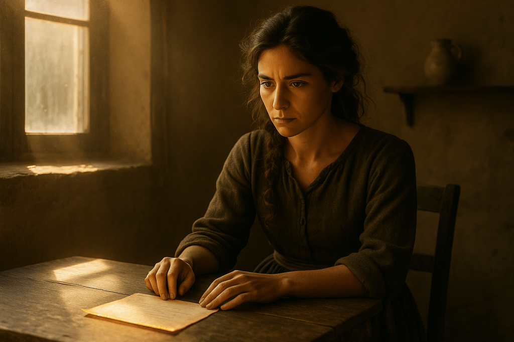 A cinematic, horizontal, fairy tale realism scene of Cinder Dubois, a young French woman in her mid-to-late 20s, sitting at a plain wooden table in a quiet, sunlit room. The golden glow of late morning sunlight streams softly through an old-paned window, illuminating the dust motes in the air and casting delicate beams across the cracked walls and rough floorboards. Cinder’s olive-toned skin glows warmly in the light, her thick, wavy chestnut-brown hair tied in a loose braid with a few tendrils curling naturally around her angular face. Her dark, almond-shaped eyes are locked in focused concentration on a weathered parchment invitation in front of her. The parchment hums faintly with a subtle magical aura—its edges shimmer almost imperceptibly with golden light. Her patched earth-toned wool dress, in shades of forest green, umber, and clay, blends into the muted rustic palette of the room. The wooden chair beneath her creaks softly as she leans in slightly, poised yet still. Her sturdy leather boots rest firmly on the ground, planted with intention. There’s tension in the air—a silent, anticipatory moment— as if she’s waiting for the perfect opportunity to reach out and take the invitation without being seen. The room around her is sparse and real: cracked plaster, rough timber beams, and faint shadows dancing along the walls. The entire atmosphere is steeped in quiet suspense, enchantment, and lived-in realism, with a painterly warmth reminiscent of 17th-century French countryside interiors.