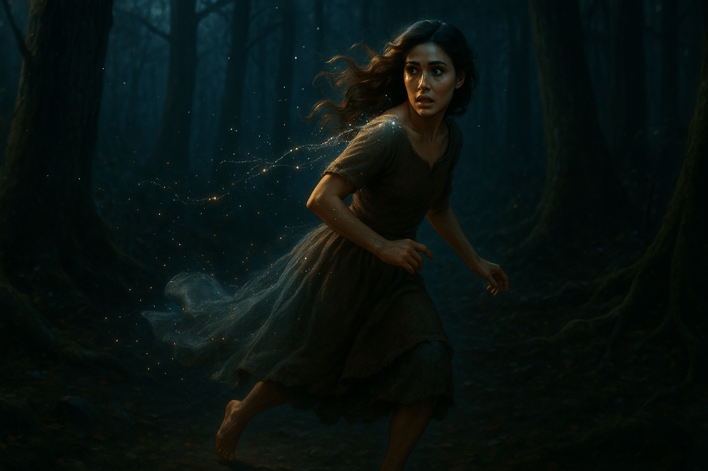 A cinematic, fairy tale–realistic horizontal image of a young French woman in her mid-to-late 20s running through a moonlit forest. She has olive-toned skin, expressive dark almond-shaped eyes, and long, thick wavy brown hair, some of which clings to her face and neck with dampness. Her once-glamorous shimmering silver ball gown is mid-transformation—now unraveling from the neckline and back into delicate threads of glowing light that drift and dissolve into the air behind her. In its place, a worn, earth-toned woolen dress is fully visible, textured with soft folds and a handmade, patched look. She is barefoot, running urgently across the uneven forest floor. The forest is richly atmospheric: tall, ancient trees with moss-covered roots frame the path, and cool moonlight pours in from above, casting intricate shadows across the scene. Her hair and side profile are softly illuminated by a shaft of moonlight, giving her a luminous edge that separates her from the dark forest. Faint golden motes and threads of light drift in the air around her, fading like remnants of magic. Her expression is focused and emotional—a blend of determination, urgency, and awe as she flees into the unknown. The entire image evokes magical realism, tension, and transformation, captured in a gorgeously shot, cinematic, fairy tale-inspired style.