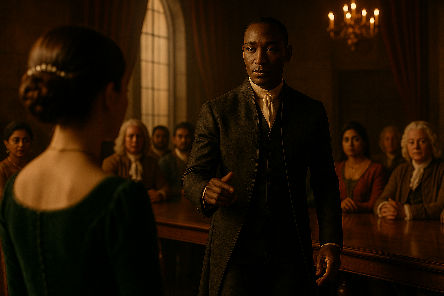 A horizontal cinematic still from a live-action fairy tale set in 17th–18th century France, inspired by the world of Charles Perrault. The scene is set within a grand royal council chamber deep inside a French palace. The chamber features towering arched windows draped in crimson velvet, stone walls softened by warm golden light from chandeliers, and a long polished mahogany table stretching across the room. The lighting is dramatic yet naturalistic—sunlight filters through the tall windows while candlelight from the chandelier creates cinematic shadows and golden highlights throughout the space.

In the foreground, slightly out of focus, stands Princess Aveline, identifiable by her forest green court gown and pearl-pinned braided chignon. She is turned toward the center of the room, watching.

At the visual center is Lord Thibault, a poised and commanding French nobleman in his late 40s. He has dark, smooth skin, a sharp jawline, high cheekbones, and almond-shaped eyes. He wears a tailored charcoal coat with subtle embroidery, a matching vest, and a crisp white cravat. His posture is upright yet dynamic—he is caught mid-gesture, his right hand slightly raised in a poised rhetorical motion, exuding elegance and restrained confidence. His expression is cool and unreadable, filled with intelligence and self-possession.

Seated along the long council table are a diverse group of nobles—men and women of Black, South Asian, and white backgrounds—dressed in powdered wigs, embroidered coats, silk gowns, and brocade vests. Some watch him with curiosity or intensity, others remain unreadable. The background is richly textured with period detail: paneling, gold accents, draped curtains, and the glow of a grand chandelier. The atmosphere is quiet, formal, and filled with unspoken tension—capturing a high-stakes political moment in fairy tale realism.