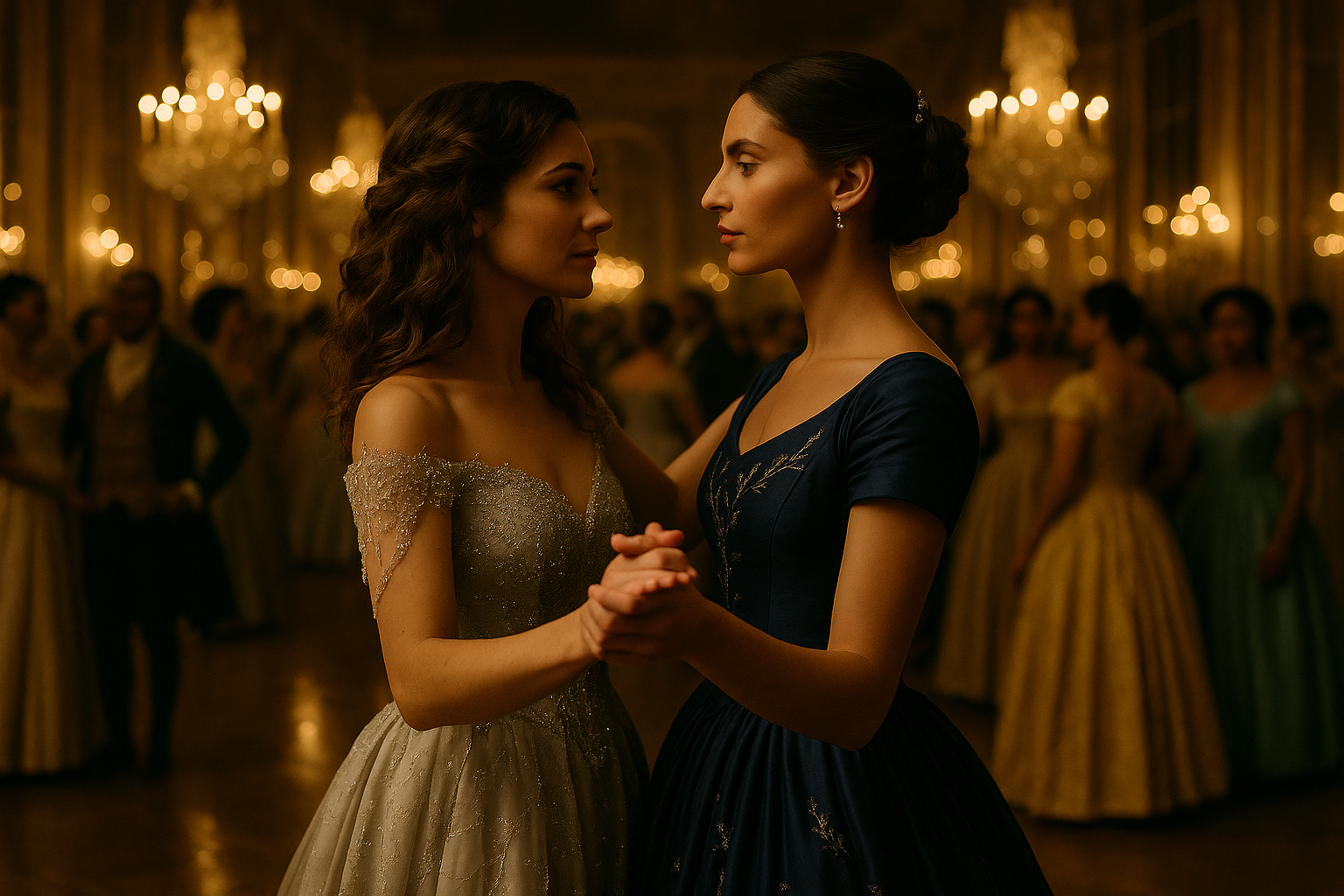 A cinematic, horizontally framed, fairy tale realistic ballroom scene set in the Hall of Mirrors of a 17th-century French palace, evoking the golden opulence of Charles Perrault’s era. The room glows with candlelight and chandeliers, their light reflecting endlessly across gilded mirrors and polished marble floors. Guests in richly embroidered gowns and coats swirl in elegant dance beyond the focus, their figures slightly blurred by depth of field.

In the foreground, two young women share their first dance. On the left stands Cinder Dubois, a young woman with pale olive skin and soft, expressive features. Her long, curly brown hair cascades over her bare shoulders, and she wears a shimmering silver off-the-shoulder ball gown adorned with fine beadwork and delicate embroidery that catches the warm chandelier light. She gazes with quiet intensity at her dance partner, one hand gently holding hers, the other resting near her waist.

Opposite her is Princess Aveline Beaumont, a regal French woman in her late 20s with chestnut-brown hair styled in a braided chignon secured with a pearl comb. Her gown is a deep indigo silk dress with silver embroidery of stars and vines. The neckline is square and elegant, and the fitted bodice flows into full skirts. She meets Cinder’s gaze with a calm, focused expression—serene yet unmistakably drawn in.

Their hands are gently clasped as they dance close, surrounded by a softly lit, enchanted atmosphere. The background guests include a diverse array of dancers of varying skin tones and heritage, consistent with a richly inclusive fairy tale world. The mood is romantic, cinematic, and emotionally charged—capturing the quiet beginning of a love that defies expectation and transforms everything.

The style is filmic, detailed, and steeped in atmosphere—every element bathed in golden candlelight, every fold of fabric rendered with realism and grace, evoking both the intimacy of a private moment and the grandeur of a public revelation.