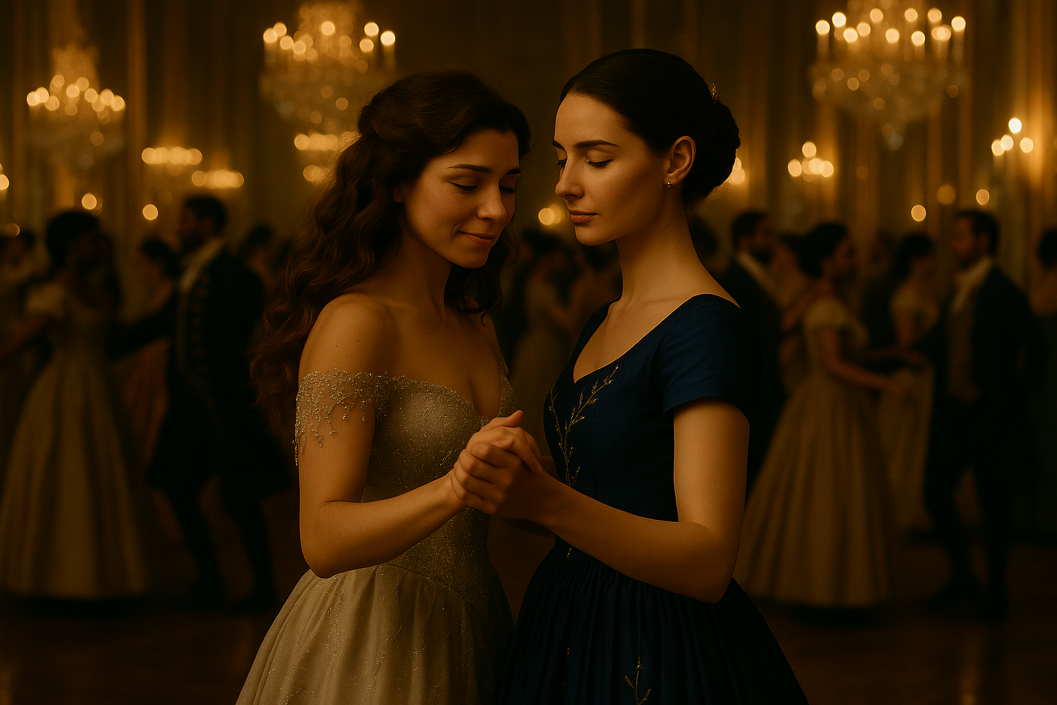 A cinematic, horizontally framed photograph capturing two young women with light skin dancing together in the center of a grand 17th-century French ballroom inspired by the Hall of Mirrors at Versailles. One woman wears a shimmering silver ball gown with delicate beading, off-the-shoulder sleeves, and long, loose wavy brown hair. The other wears a deep indigo silk gown embroidered with silver vines and stars, her chestnut-brown hair styled in a braided chignon with a pearl comb. They hold hands gently, gazing at one another with emotion and quiet joy, completely absorbed in each other. The surrounding ballroom is filled with diverse guests in period-accurate gowns and suits, twirling in the background under massive chandeliers casting warm golden light. Marble floors reflect the glow, and towering mirrors line the gilded walls. The mood is romantic, dreamy, and grounded in emotional presence rather than formality. Shot with a shallow depth of field, the background is softened, creating a sense of intimacy and suspended motion around them. Fairy tale realistic, with Charles Perrault–era aesthetics.