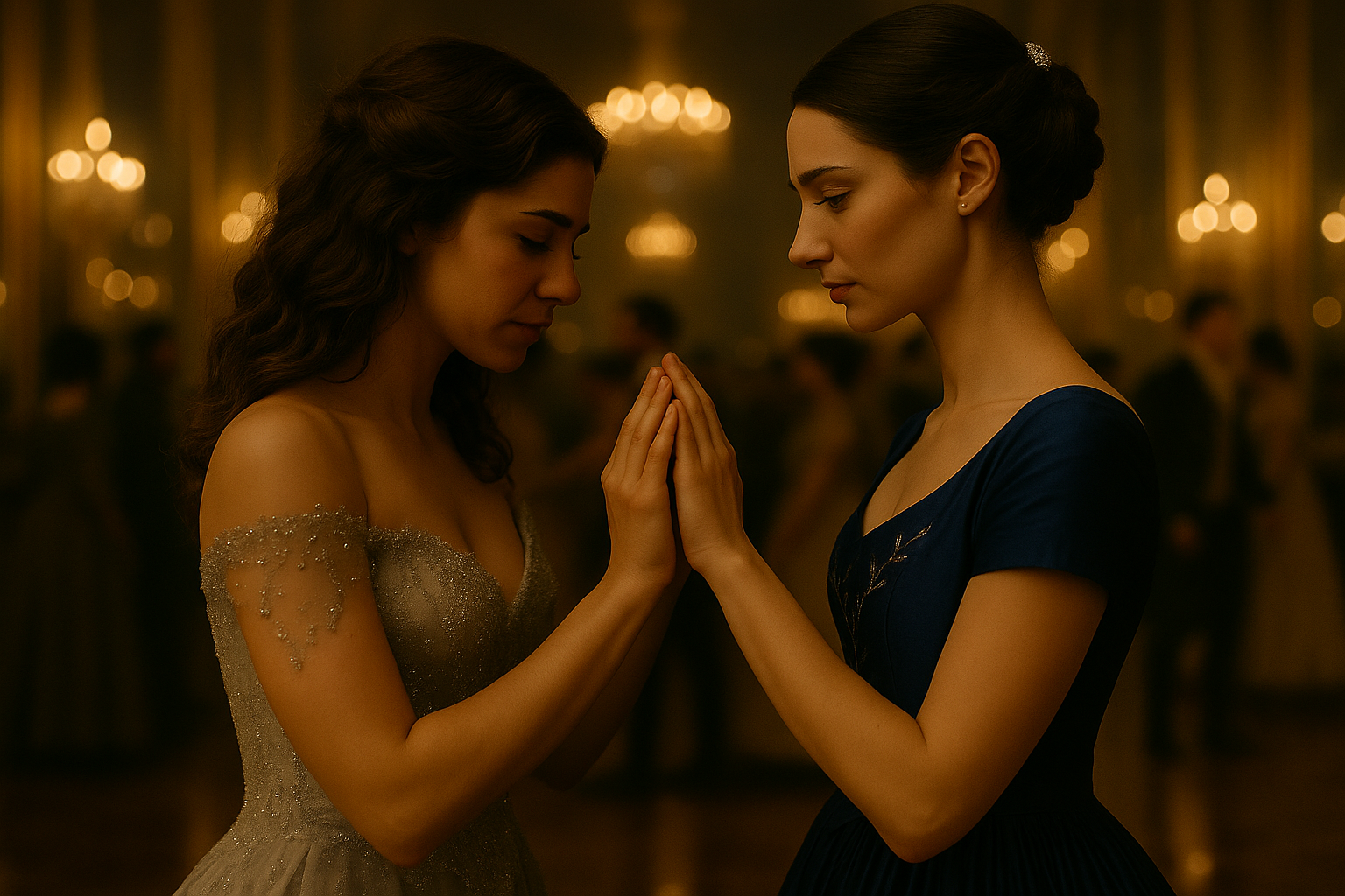 A cinematic, horizontally framed photograph in the style of a fairy tale realistic period drama. Two young women stand close together at the center of an opulent ballroom, surrounded by soft candlelight and blurred dancers in elegant 17th-century attire. One woman has light olive skin, long wavy brown hair worn loose, and wears a pale silvery gown with delicate embroidery—this is Cinder. The other is a French princess with fair skin and chestnut brown hair styled in a formal braided chignon with a pearl comb—this is Princess Aveline. She wears a deep indigo silk gown with silver vine and star embroidery. The two women face each other in a tender moment, palms pressed gently together in a sacred, reverent gesture. Aveline’s gaze is lowered softly, Cinder’s expression open and intent. A warm golden glow from chandeliers and wall sconces bathes the scene. The background is slightly dimmed, creating intimacy and emotional focus. The atmosphere is rich with quiet magic, courtly romance, and unspoken recognition.