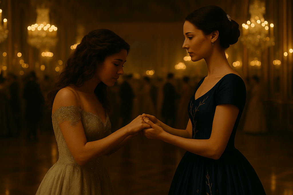 A cinematic, horizontally composed, fairy tale–realistic photograph of two young women dancing in an opulent 17th-century French ballroom. The brunette woman with light olive skin and long, loose wavy hair (Cinder) wears a shimmering pale silver gown with delicate embroidery. She gently kisses the hand of the other woman, a poised French princess in a deep indigo ball gown embroidered with silver stars and vines. The princess (Aveline) has chestnut-brown hair styled in an elegant braided chignon with a pearl hair comb. Their posture is intimate and reverent—Cinder holds Aveline’s hand with tenderness, lips brushing against her fingers, while Aveline gazes down with quiet emotion. The background shows golden candlelight reflecting off tall mirrors, opulent chandeliers sparkling above a diverse crowd of elegantly dressed guests who remain blurred and distant. The composition highlights a moment of emotional stillness between the women amid the grandeur. The image is lit warmly, like a cinematic film still, with rich textures, soft shadows, and glowing reflections across Carrara marble floors and Rococo walls.