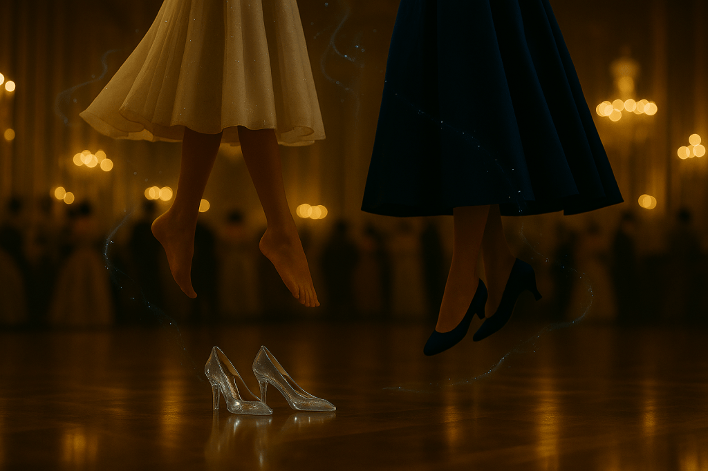 A horizontally framed, cinematic digital painting in a fairy tale realistic style.
Two young women levitate gently in the center of a grand 17th-century ballroom inspired by Charles Perrault fairy tales. One woman—Cinder—has pale olive skin and long, wavy brown hair worn loose. She is barefoot, her feet delicately lifted above a pair of perfectly aligned, stationary glass slippers left behind on the polished marble floor. She wears a luminous, off-shoulder silver gown adorned with delicate embroidery.
The second woman—Princess Aveline—has chestnut brown hair in a braided chignon with a pearl comb, and wears a deep indigo silk ballgown with silver embroidery of stars and vines. She is not barefoot. She stands slightly lower in the air than Cinder, holding her hands in a shared, suspended dance. Their faces are focused, tender, and intimate.
Around them, faint glowing tendrils of blue-white magic spiral through the air, trailing like ribbons from their movements. The ballroom is softly lit by golden chandeliers and candles, but the background is dimmed, making the couple appear isolated in a private, suspended moment. The crowd is still, blurred, or unaware—adding a surreal hush to the scene. A fairy tale atmosphere with magical realism and romantic tension. Focus on motion, elegance, and suspended enchantment.