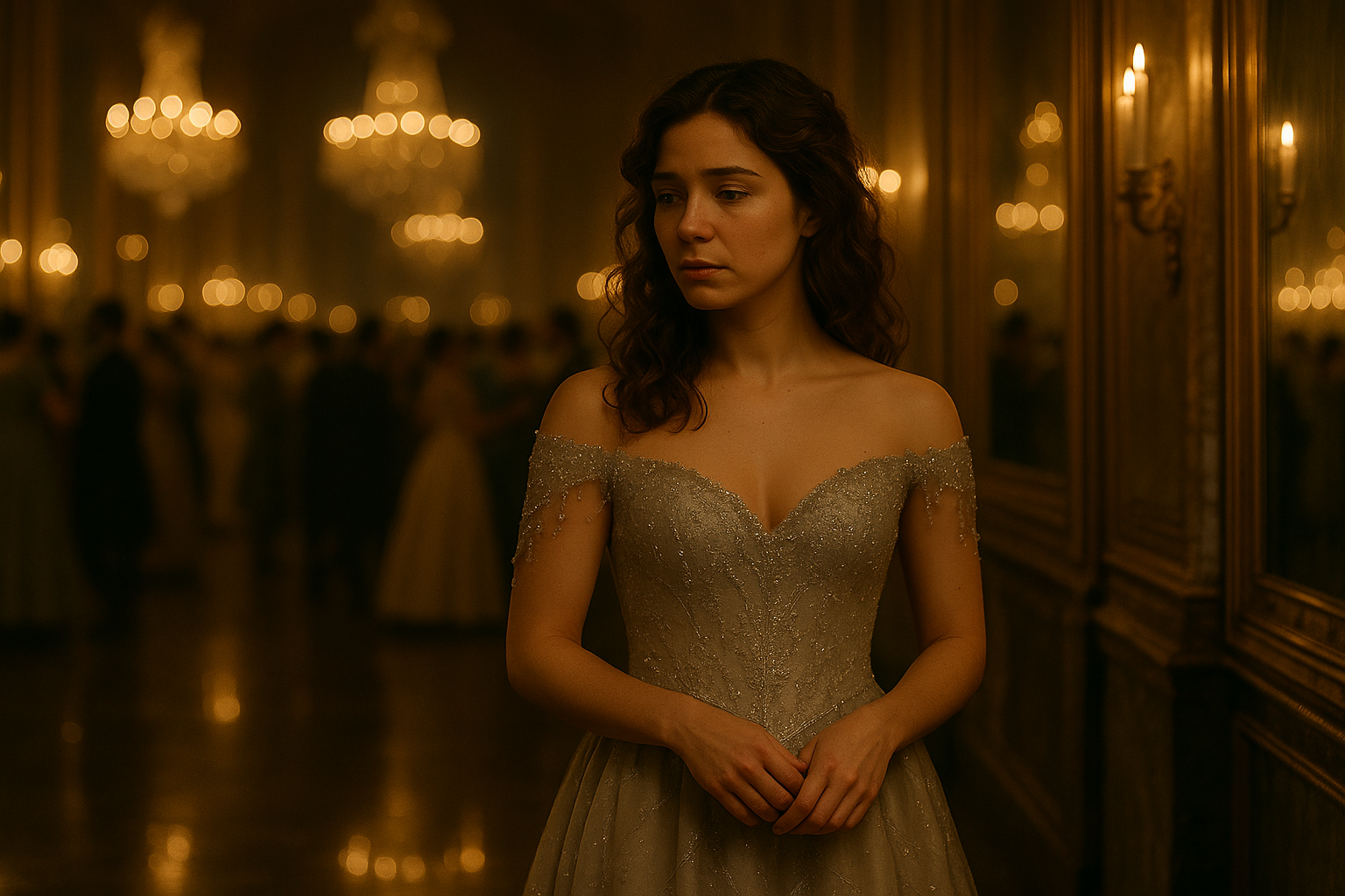 A cinematic, horizontally framed, fairy tale realistic scene set at the edge of a 17th-century French palace ballroom inspired by Charles Perrault aesthetics. The room glows with warm golden light from towering chandeliers, and the mirrored walls reflect the opulence in soft, painterly blur. Ornate candle sconces line the edges, casting flickering shadows. In the background, a crowd of nobles in period ball attire dance and mingle in soft focus, their movements blurred and indistinct—distant, like a world apart.

In the foreground, standing apart from the crowd near the mirrored wall, is Cinder Dubois, a young woman with pale olive skin, long curly brown hair, and dark expressive eyes. She wears a shimmering silver off-the-shoulder gown with intricate embroidery and beadwork that subtly catches the light. Her posture is quiet and thoughtful—her hands gently folded before her, head slightly turned to the side, her expression inward and pensive as if listening to something beneath the surface of the world.

The lighting is softer here, more intimate—dimmed as she steps just beyond the reach of the chandeliers. The mood is one of solitude and weight. The atmosphere hums with the tension of magic held barely in place, of whispers rising beyond hearing. Her silver gown reflects faint glimmers of candlelight, and the mirrors behind her suggest movement just out of sight, adding to the mystical undertone.

This image captures the moment between escape and decision—the spell holding, the danger near, the story turning. The style is richly detailed, lit like a period film still, emotionally resonant and visually grounded in a fairy tale world.