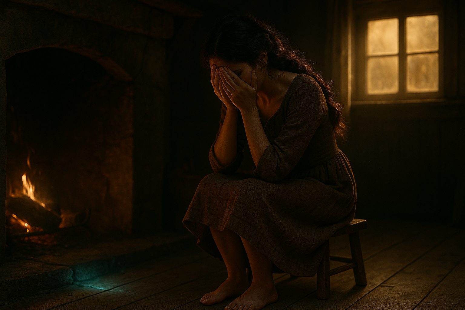 A horizontal, cinematic, fairy tale–realistic digital painting of a young French woman in her mid-to-late 20s sitting on a low wooden stool beside a faintly glowing hearth inside a small, crumbling room of a forgotten French estate. The room is dimly lit, filled with warm orange embers from the fire and soft golden morning light filtering through a cracked wooden window. The young woman has olive-toned skin, expressive dark almond-shaped eyes, and thick, wavy brown hair loosely braided, with a few strands curling around her face from the hearth’s warmth. Her face is partially hidden in her hands, her shoulders slightly hunched as she cries silently. She wears a rough, patched wool dress in muted, earthy tones—symbolic of her return from enchantment. She is barefoot, with her feet resting lightly on worn, creaking wooden floorboards. The sparse room features exposed beams, a rough stone hearth, and simple, rustic details. The emotional tone is quiet and raw, filled with sorrow, reflection, and the lingering ache of transformation. Subtle morning mist glows at the window edges. The atmosphere suggests the presence of old magic—underneath the floorboards near her, unseen, a grimoire hums faintly in the silence, suggesting a connection to spellcraft. The overall image evokes melancholy beauty, realism, and the intimate sadness of fairy tale aftermath.