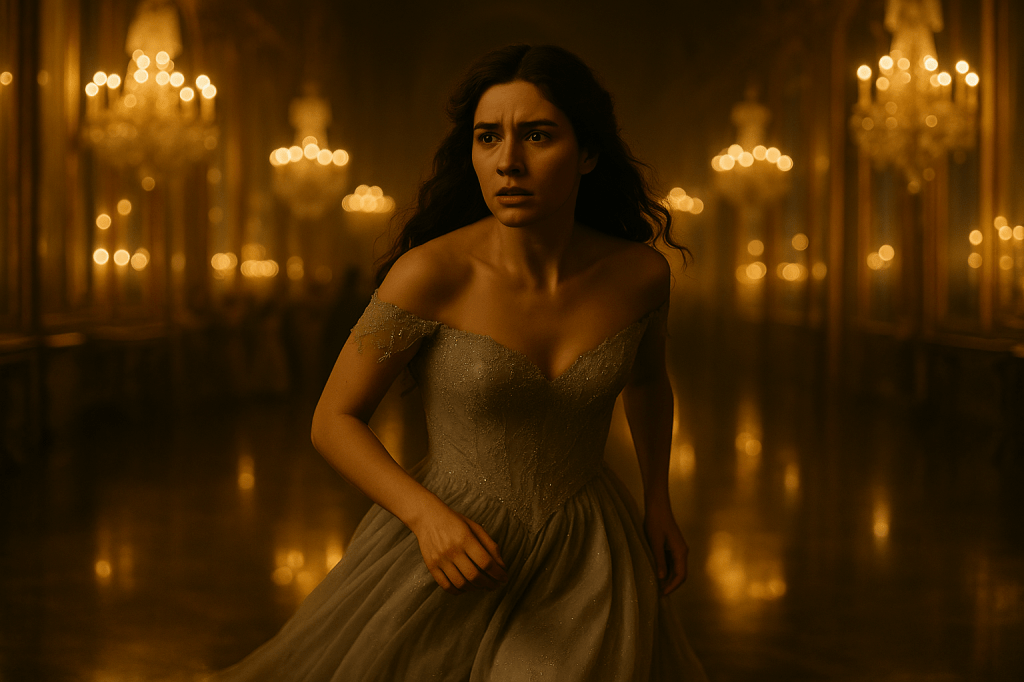 A cinematic still of a young French woman in her mid-to-late 20s with light olive skin and long, wavy brown hair worn loose, fleeing through an opulent, candlelit ballroom inspired by the Hall of Mirrors in a 17th-century French château. She wears a silver-gray ball gown with delicate embroidery and off-shoulder sleeves, the fabric rippling as she turns in panic. Her expression is tense and distressed, eyes wide with urgency. Her movement suggests the moment just after midnight—the spell breaking—as she rushes away from the glowing chandeliers and dimly lit crowd. The mirrors reflect faint streaks of light and her blurred silhouette. The background is dreamlike and golden but beginning to distort subtly, suggesting the unraveling of magic. Shot with a shallow depth of field for emotional intensity and motion blur for drama. Fairy tale realism, with warm tones and a sense of magical urgency.