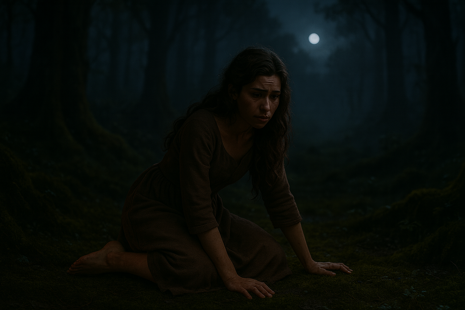 A cinematic, horizontally framed digital photograph of a young woman with light olive skin and long, wavy brown hair, collapsed at the mossy edge of an enchanted forest at night. She wears a simple, earth-toned medieval peasant dress, slightly tattered and dirt-streaked, signaling the end of a magical transformation. Her bare feet are muddy and scraped. She kneels or falls forward onto the forest floor, her body heavy with exhaustion, surrounded by moss, ferns, and ancient trees. Moonlight filters weakly through the branches, casting pale silver light over her figure while the forest behind her fades into soft shadow and mist. Her hands are open against the moss, as if surrendering to the earth itself. The atmosphere is quiet, emotionally raw, and magical—but grounded. There’s a sense of heartbreak, relief, and arrival. The style is fairy tale realistic, with Charles Perrault–era sensibilities and naturalistic detail. Shot with cinematic lensing, rich textures, and subdued magical tones.