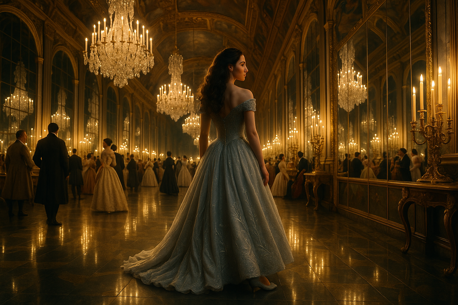 A horizontally framed, cinematic digital photograph in a fairy tale realistic style. The setting is an opulent 17th-century French ballroom inspired by the Hall of Mirrors at Versailles. The lighting is golden and warm, cast by glittering chandeliers and candle sconces that reflect in the massive mirrors lining the marble hall. A young woman with light olive skin stands in soft focus near the edge of the ballroom floor. She has long, wavy brown hair worn loose down her back, and wears a luminous, pale silver ball gown with subtle embroidery that catches the light.