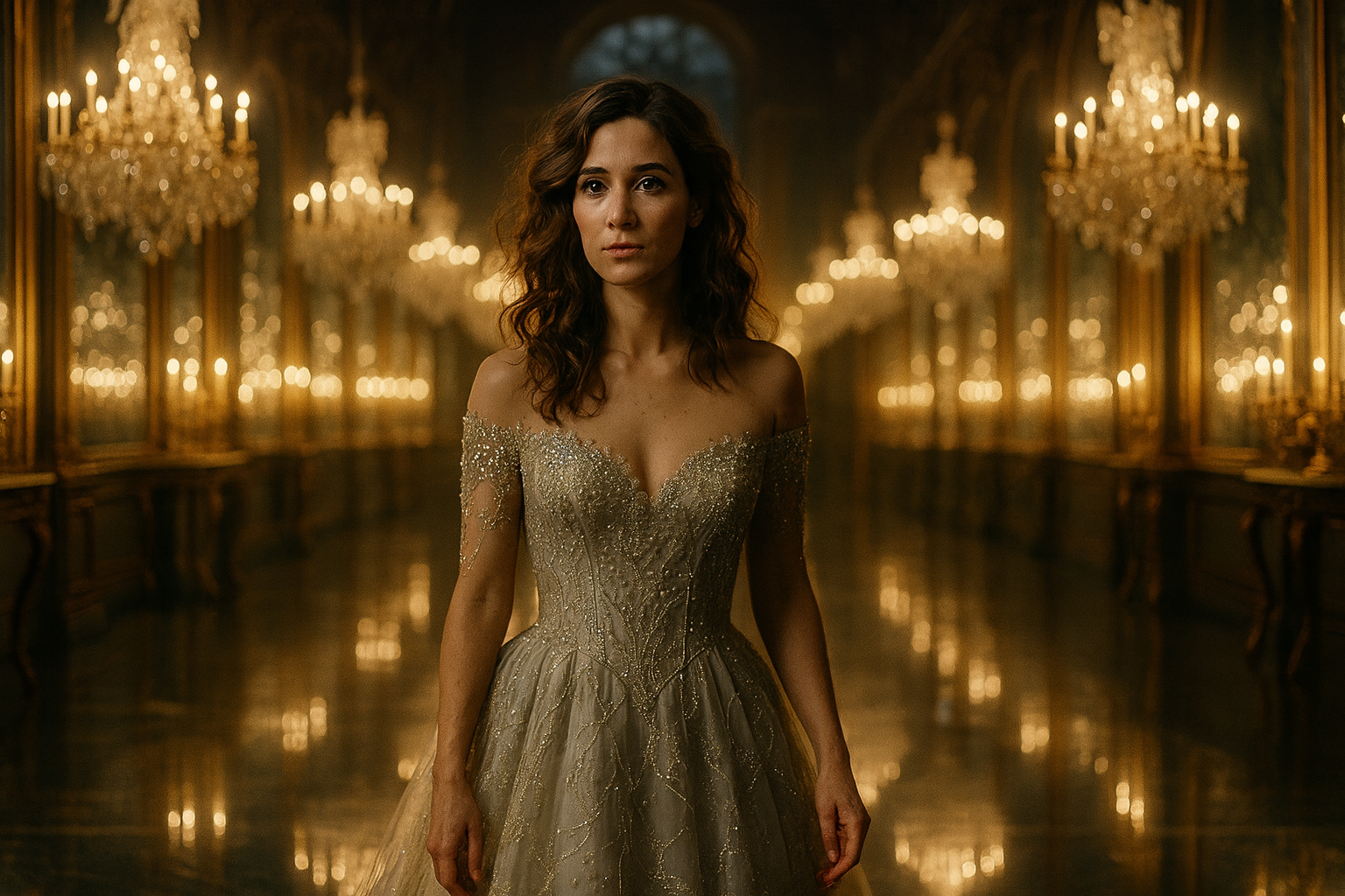 A cinematic, photorealistic scene of Cinder Dubois, a young French woman in her mid-to-late 20s, standing in the opulent Hall of Mirrors of a 17th-century Charles Perrault-era French palace. The setting is inspired by Versailles: a long, grand corridor lined with towering mirrors and shimmering golden chandeliers that spill soft golden light onto the polished Carrara marble floors. The atmosphere is romantic and magical, yet rooted in realism. Cinder stands alone in the vast space, facing slightly to the side, her thick wavy brown hair cascading over her shoulders, catching the candlelight with threads of golden reflection. She wears a luminous silver ball gown that ripples like liquid starlight, adorned with intricate embroidery of vines and constellations. Her skin is olive-toned, softly glowing in the warm light. Her expression is introspective, poised between awe and quiet determination. Glass slippers glint subtly beneath her gown. The hall is completely empty except for her, emphasizing her singular presence and the echo of grandeur. The image should feel like a still from a high-budget fairy tale film — gorgeously shot, fairy tale realistic, hyper-detailed, and emotionally rich. Horizontal aspect ratio, with a sense of depth, dramatic lighting, and historic authenticity. No visible anachronisms, no modern elements. Mirrors should reflect the environment realistically, with gentle softness rather than perfect symmetry.