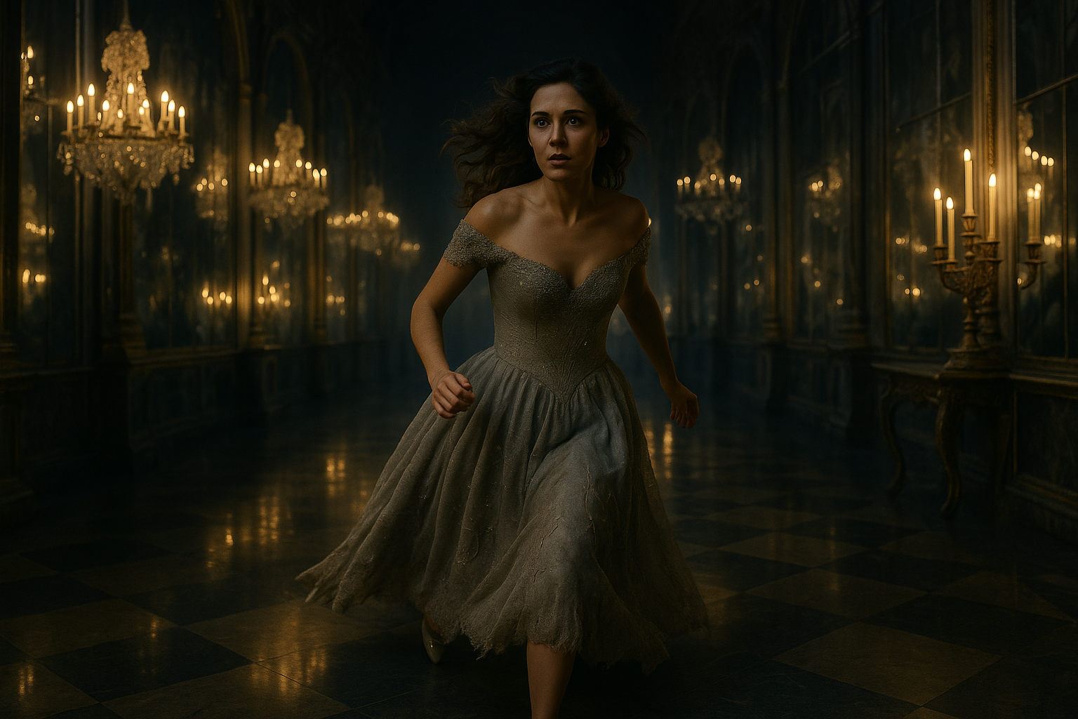 A cinematic, gorgeously shot, fairy tale realistic scene inside the Hall of Mirrors at midnight. A young French woman, Cinder Dubois, is shown mid-run in the opulent palace. She is in her mid-to-late 20s with olive-toned skin, expressive dark almond-shaped eyes, and long, thick wavy brown hair that now spills messily around her shoulders as she flees. Her once-enchanted silver gown is dimming—its luminous threads now faded to a dull gray, with fraying embroidery at the hem and bodice, as if unraveling from magic’s loss. She wears cracked, glass-like slippers, barely clinging to her feet. Her expression is one of fear and urgency, eyes wide, lips parted as if catching breath. The polished checkerboard marble floor glints dimly in the flickering light of candlelit chandeliers overhead. Towering mirrors stretch along the walls, but instead of elegant reflections, they distort her figure with blurred motion and flickering light, evoking the unraveling enchantment. Rich Rococo architectural detailing—gilded sconces, baroque mirror frames, faint fleur-de-lis carvings—enhances the historic opulence. The scene is filled with motion blur, wind in her hair, and dimmed golden light with moody shadows, capturing the precise moment the spell begins to collapse as the chimes of midnight echo through the palace.