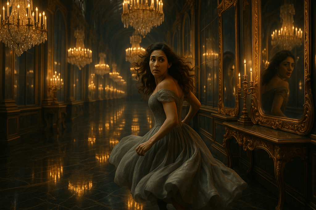 A cinematic, fairy tale–realistic image of a young French woman in her late 20s with olive-toned skin, expressive dark almond-shaped eyes, and long, thick wavy brown hair running through an opulent 17th-century Hall of Mirrors. She wears a distressed, off-the-shoulder silvery-gray ball gown that flows behind her as she moves. The fabric is subtly frayed at the hem, glittering slightly in the candlelight. The woman glances over her shoulder as if in flight, her hair and skirt caught mid-motion. The hallway is richly lit with warm golden candlelight from crystal chandeliers and candelabras. The walls are lined with towering gilded mirrors that reflect her movement, creating a surreal sense of pursuit and doubling. The checkered marble floor reflects her figure and the chandeliers above. The mood is urgent, magical, and deeply cinematic—Baroque opulence meets fairy tale dread, captured in horizontal framing with a deep vanishing point.
