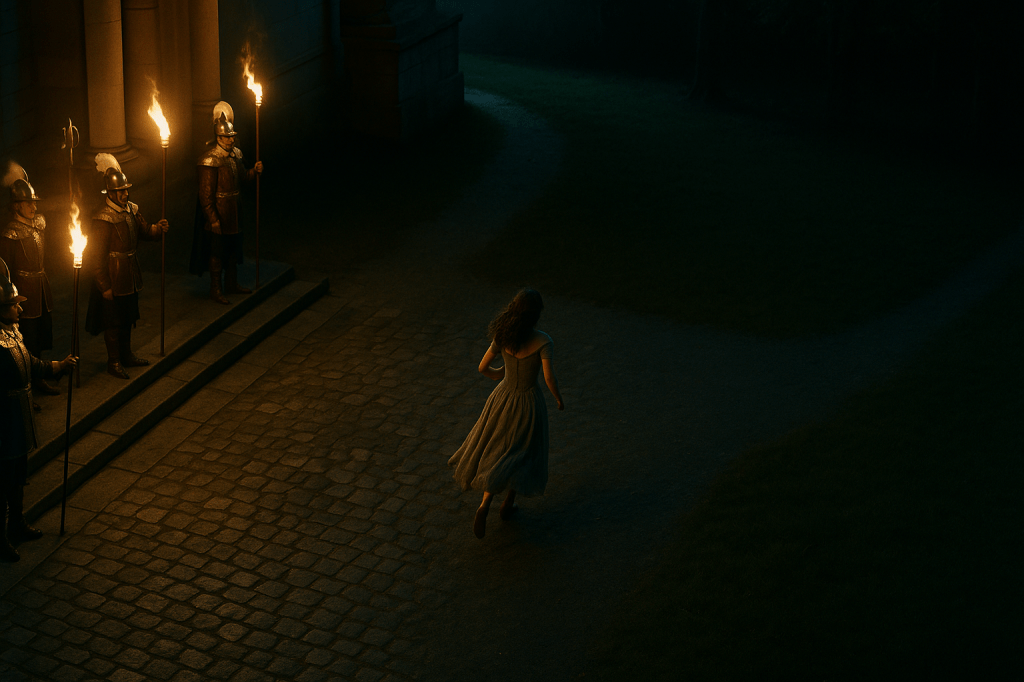 A cinematic, fairy tale–realistic overhead shot of a young French woman in her mid-to-late 20s with pale olive-toned skin and long wavy brown hair running away from a royal palace at midnight. She wears a distressed, silvery-gray off-the-shoulder ball gown that flows behind her as she moves. The scene is lit by a dramatic mix of warm torchlight and cool moonlight. On the stone steps of the palace, a formation of regal palace guards stands at attention, wearing ornate ceremonial uniforms with polished breastplates, feathered helmets, velvet sashes, and long spears tipped with glowing torches. The cobblestone courtyard transitions into a forest path leading into the dark woods. The contrast between the golden palace light and the shadowy, misty forest creates a sense of magical tension and escape. The guards remain motionless, watching as she flees toward the unknown. The image is horizontal in layout, gorgeously lit, composed with deep shadow and reflective surfaces, evoking cinematic fairy tale realism with a sense of grandeur, danger, and freedom.