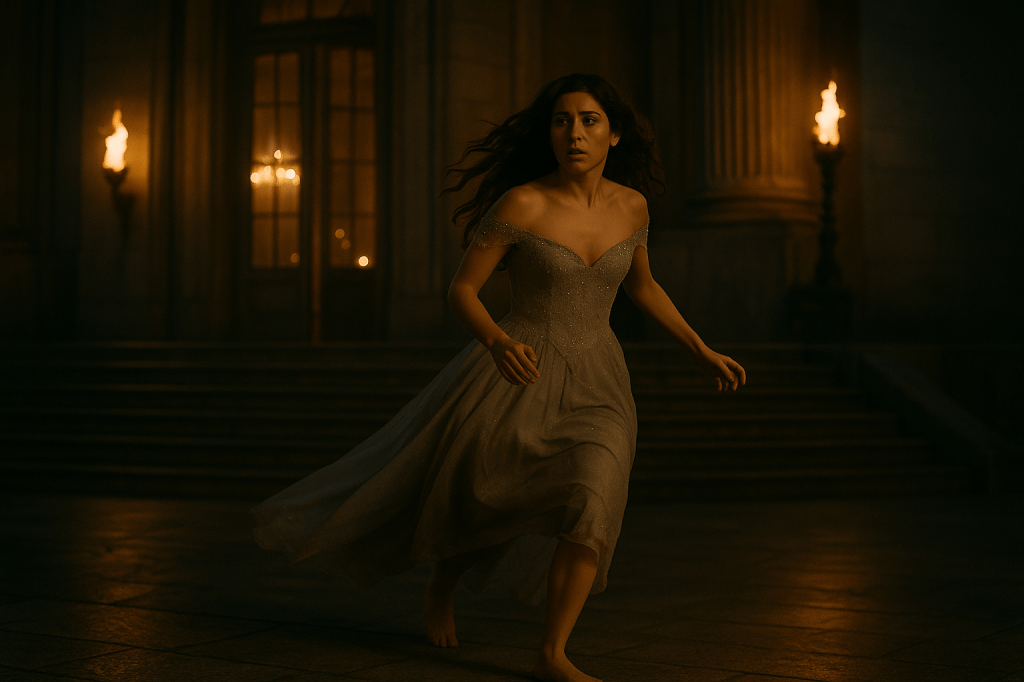 A cinematic, horizontally framed photograph capturing a young woman fleeing a grand fairy tale ball at midnight. She stands barefoot at the base of wide marble palace steps, her long, wavy brown hair flowing behind her. She wears an elegant, silver, off-the-shoulder ball gown that glimmers softly under moonlight and torchlight. The expression on her face is one of panic and urgency, caught mid-motion with one hand gathering the skirts of her gown, the other outstretched as if for balance or escape. The massive golden doors of the palace are ajar behind her, glowing with warm candlelight and the soft blur of chandeliers and dancers. The surrounding world is dim and cinematic, with deep shadows along the balustrades and hints of a forest beyond the steps. The stone beneath her feet is cold and reflective, emphasizing her vulnerability. The atmosphere is enchanted and tense, capturing the exact moment when magic begins to unravel. Fairy tale realistic. Charles Perrault–era aesthetic. Shot in warm golds, soft silvers, and moonlit blues.
