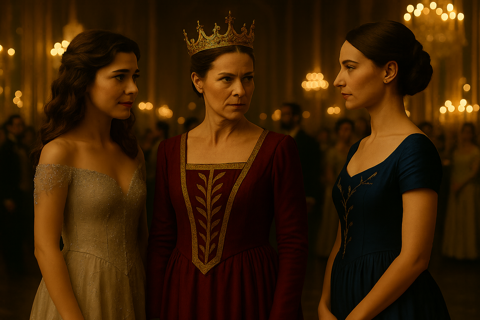 A cinematic, horizontally framed image set inside a grand 17th-century French palace ballroom in the style of Charles Perrault fairy tales. The setting is opulent—mirrored walls stretch into the distance, towering golden chandeliers glow above, and warm candlelight bathes the entire room in amber hues. The crowd behind is softly blurred, elegantly dressed nobles of diverse backgrounds dancing and conversing, their motion echoing through the marble-floored space.

In the foreground, three women stand in tense proximity, frozen in a moment of political and emotional weight. Centered is Queen Geneviève Beaumont, a woman in her late 40s with fair skin and sharp, authoritative features. She wears a deep red velvet gown with gold embroidery and a tall, ornate gold crown atop a braided chignon. Her hands are at her sides, and her expression is one of cool scrutiny—stern, unyielding, and visibly disapproving.

To the Queen’s right stands Princess Aveline Beaumont, her daughter, regal and composed in a dark indigo gown embroidered with silver vines and stars. Her hair is styled in a smooth braided chignon adorned with a pearl comb. She stands tall, her gaze steady but tight-lipped, as if caught between duty and defiance. Her posture reflects control, but her eyes are drawn toward the young woman opposite her.

To the Queen’s left stands Cinder Dubois, a young woman with pale olive skin and long, loose brown curls. She wears a soft silver off-the-shoulder gown with intricate embroidery that shimmers subtly in the light. She is calm, respectful, but not submissive. Her hands remain at her sides—no physical contact is made with the Queen. Her expression holds quiet poise and faint curiosity, as if aware she has just become the subject of royal scrutiny.

The spatial arrangement makes the Queen a visual and symbolic barrier between the two younger women. The power dynamic is clear: she is in control, but she is not the emotional center. The image captures a moment of tension—where old power meets new possibility—rendered in rich cinematic detail, with a warm, fairy tale–realistic aesthetic.