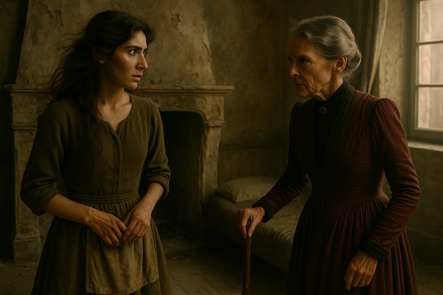 In a decaying 17th-century French château bedroom, a tense confrontation unfolds between a young woman and an older matriarch. The room is bathed in moody, natural daylight filtering through a tall, grimy window with faded curtains. The plaster walls are cracked and discolored, with faint traces of once-grand frescoes and forgotten grandeur. A cold, unused stone hearth looms behind the young woman. The floor is wooden and worn, with dust gathering in the corners and a single floorboard subtly lifted near a low, rough cot in the background.

The young woman — Cinder — stands on the left side of the frame. She has long, loose brown hair and pale olive skin, wearing a simple, slightly oversized olive-green work dress with a brown apron. Her hands are clasped tightly at her waist, knuckles tense, fingers slightly ash-stained. Her face is caught in a mix of fear and quiet defiance as she avoids direct eye contact. Her expression is alert but guarded, lips parted as if just answering a sharp question. Her posture is straight but humble, projecting both submission and resilience.

Opposite her, the older woman — Madame Violette — is a severe, aristocratic figure in her early 50s with silver-gray hair pulled into a tight chignon. She wears a high-collared, burgundy gown with black lace trim. She holds a cane in one hand, leaning slightly forward in a position of interrogation. Her face is sharp, with deeply set eyes that bore into the younger woman. Her lips are pinched, her expression accusatory, as if she has just delivered a cruel remark. Her stance dominates the space with cold authority.

The overall tone is cinematic and fairy tale realistic — richly detailed, darkly elegant, and emotionally charged. The color palette leans into muted earth tones, faded reds, and dusty golds. The composition is horizontal, film-still style, focused on capturing the charged stillness between the characters. Every detail, from the texture of the dresses to the crumbling plaster, should feel tactile and grounded in the Charles Perrault–era fairy tale aesthetic.