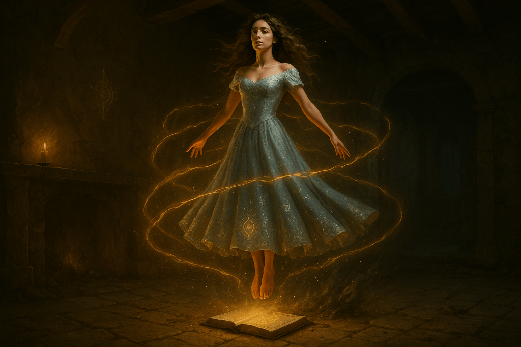 HORIZONTAL IMAGE – A cinematic, fairy tale realism digital painting capturing a powerful transformation scene inside a dim, crumbling chamber of a French fairy tale estate. The focus is Cinder Dubois, a young French woman in her mid-to-late 20s with olive-toned skin that glows warmly in the radiant light. She is suspended midair, surrounded by swirling threads of golden magical light, as her transformation into a shimmering silver ball gown begins.

Below her, a grimoire lies open, glowing with arcane energy, its pages illuminated with glowing symbols and one central glyph. The golden glow from the book casts soft, realistic illumination upward, creating warm highlights across Cinder’s cheekbones, gown, and floating strands of hair.

Her thick, wavy brown hair flows gently around her face, lifted by the energy of the spell. She gazes slightly downward in a moment of quiet awe and determination, her almond-shaped dark eyes reflecting the glow. Her old earth-toned wool dress dissolves at her feet, breaking apart into threads and embers, visually anchoring the before/after transformation. Fragments of fabric and soft ash trail downward, suspended in the light.

The new gown forms around her, mid-transformation — a beautifully embroidered silver gown that gleams like liquid moonlight, with subtle magical star motifs and runic embroidery across the hem and sleeves. It flows around her body with weight and texture, not exaggerated or floating unnaturally.

The background includes cracked stone walls, faint faded glyphs, and flickering golden reflections dancing on the beams and corners of the chamber. Soft shadows deepen beneath her feet, emphasizing her levitation and the gravity-defying stillness of the moment. The air is charged with magic, with a faint golden haze around her, and the overall scene is lit like a realistic film still — glowing, cinematic, and emotionally resonant.