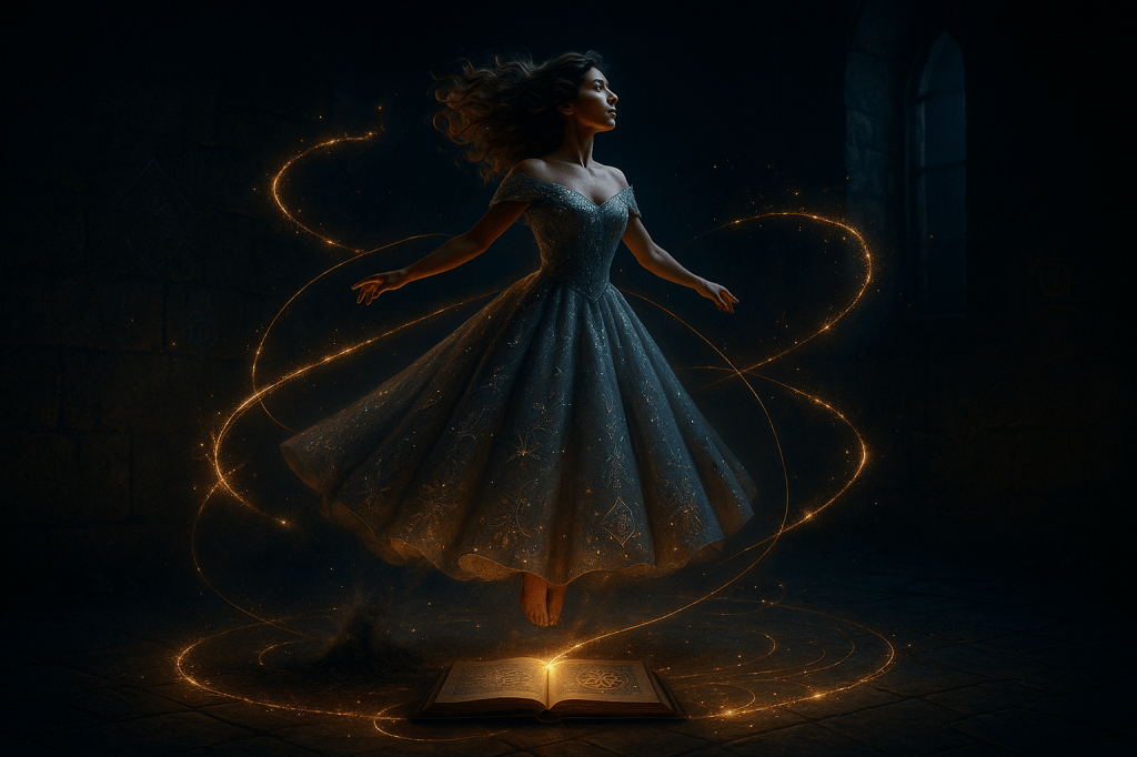 HORIZONTAL IMAGE: A cinematic, fairy tale realism scene of Cinder Dubois, a young French woman in her mid-to-late 20s, suspended gracefully in the air during the magical transformation into her ball gown inside a crumbling, dimly lit French fairy tale estate. The scene takes place at night, with the room bathed in warm golden light radiating from a glowing grimoire open on the floor below her.

Cinder’s olive-toned skin glows softly in the magical light, her thick, wavy brown hair flowing freely in the air, catching the glow as if lifted by the energy of the spell. Her angular face shows a mix of awe, resolve, and wonder. Around her, threads of golden light spiral and swirl, casting sparks and trails as they lift and encircle her.

Her patched wool dress dissolves into ash-like threads near the floor, visible as wisps disintegrating beneath her, while a shimmering silver ball gown begins to form mid-air around her body — the fabric glowing like liquid moonlight, layered and embroidered with faint magical glyphs, stars, and blooming vines. One glyph on her gown subtly mirrors the arcane symbol glowing on the page of the grimoire.

The stone walls and columns behind her show faint, faded sigils and cracks, as if the room has long housed enchantments. The golden light reflects off these textures, adding visual depth and grounding. A soft shadow beneath her feet emphasizes her lift. The space glows with quiet intensity — the air humming with ethereal magic, candlelight flickering faintly in the corners, and a deep stillness holding the moment aloft.

The composition is captured in a realistic, cinematic style, blending historical French fairy tale textures with magical realism — evocative, emotional, and breathtaking in visual tone.