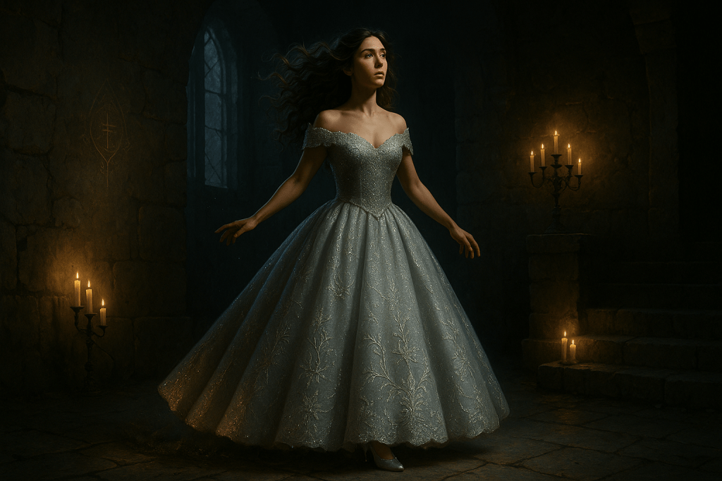 A digital painting in a realistic, fairy tale-inspired cinematic style. The scene captures Cinder Dubois, a young French woman in her mid-to-late 20s, during the final moment of her magical ball gown transformation. She floats gracefully above the stone floor of a crumbling, dimly lit French fairy tale estate. The background shows aged stone walls, worn wooden beams, faded carvings, cracked plaster, and faint golden arcane symbols etched in the stone—subtle hints of ancient enchantment. Candlelight flickers from old sconces and a long-extinguished fireplace.
Golden magical threads spiral around her, trailing embers in the dark. Her silver gown is fully formed, shimmering like liquid moonlight, embroidered with delicate, glowing patterns of stars, vines, and magical glyphs that echo the open grimoire beneath her. Her olive-toned skin glows warmly in the magic’s radiance. Her long, wavy brown hair floats around her as if suspended in spellbound air, catching soft golden highlights.
Her expression is one of awe and determination—her eyes reflecting quiet power and readiness. Below her, the grimoire lies open on the worn stone floor, emitting radiant golden light from intricate illuminated pages. Small remnants of her former wool dress swirl around her boots like ash or vanishing thread, hinting at the price of the transformation. The atmosphere is thick with enchanted stillness, illuminated only by magic and candlelight. The visual tone is cinematic, richly detailed, warm and darkly glowing—capturing the moment between old identity and new destiny.