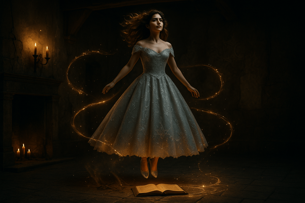 A cinematic, photorealistic fairy tale scene of Cinder Dubois, a young French woman in her mid-to-late 20s, suspended mid-air in the midst of a magical transformation in a dimly lit, crumbling French fairy tale estate at night. Her olive-toned skin glows with warm, golden light emanating from the open grimoire beneath her, which lies on a stone floor, its pages radiating softly with glowing arcane symbols. She wears a shimmering silver ball gown that ripples like liquid moonlight, detailed with embroidered patterns of stars, constellations, and blooming vines that faintly glow with magic. Her thick, wavy brown hair flows upward, catching the golden light in soft tendrils. Her angular face reflects a mix of awe, power, and quiet resolve. The crumbling walls around her are textured with age: peeling plaster, faint scorch marks, and subtle faded glyphs that suggest old enchantments still linger. Glowing golden threads of light spiral around her body, some coiling around her hands and arms, others lifting the last remnants of her old wool dress into the air as threads and ash. The room is illuminated only by the spell's golden glow and faint candlelight from wall sconces, casting soft shadows and adding depth. The visual style is gorgeously shot, like a live-action fairy tale movie — realistic lighting, fine textural detail, graceful composition. Horizontal framing, shallow depth of field, softly glowing particles floating in the air, magical realism meets cinematic depth of field, fairy tale realism style.