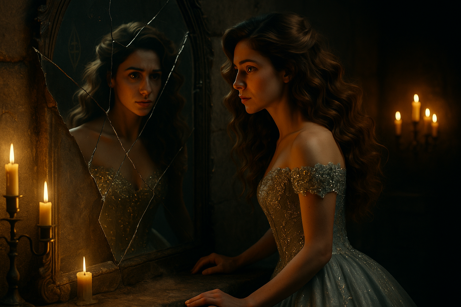 A cinematic, fairy tale realism photograph of Cinder Dubois, a young French woman in her mid-to-late 20s, standing in a crumbling, dimly lit room of a French fairy tale estate. She wears a fully transformed silver ball gown, shimmering with fine embroidery resembling moonlit vines and stars, crafted from delicate yet realistic fabric that sparkles subtly in the candlelight. Her olive-toned skin glows softly. Her thick, wavy brown hair flows freely and naturally around her shoulders, with strands catching the warm light. Cinder’s expression is poised, filled with resolve and wonder, as she pauses mid-step at the top of a worn stone stair, the folds of her gown falling gracefully around her. She wears historically appropriate ballroom shoes—dainty, glass-like or satin slippers that fit the era of Charles Perrault’s France. The background reveals aged stone walls, etched with faint, arcane glyphs glowing dimly. Tall candle sconces cast flickering golden shadows. The scene is horizontal, beautifully composed, richly lit, and deeply atmospheric—evoking the aesthetic of a cinematic fairy tale brought to life with realism and enchanted subtlety.