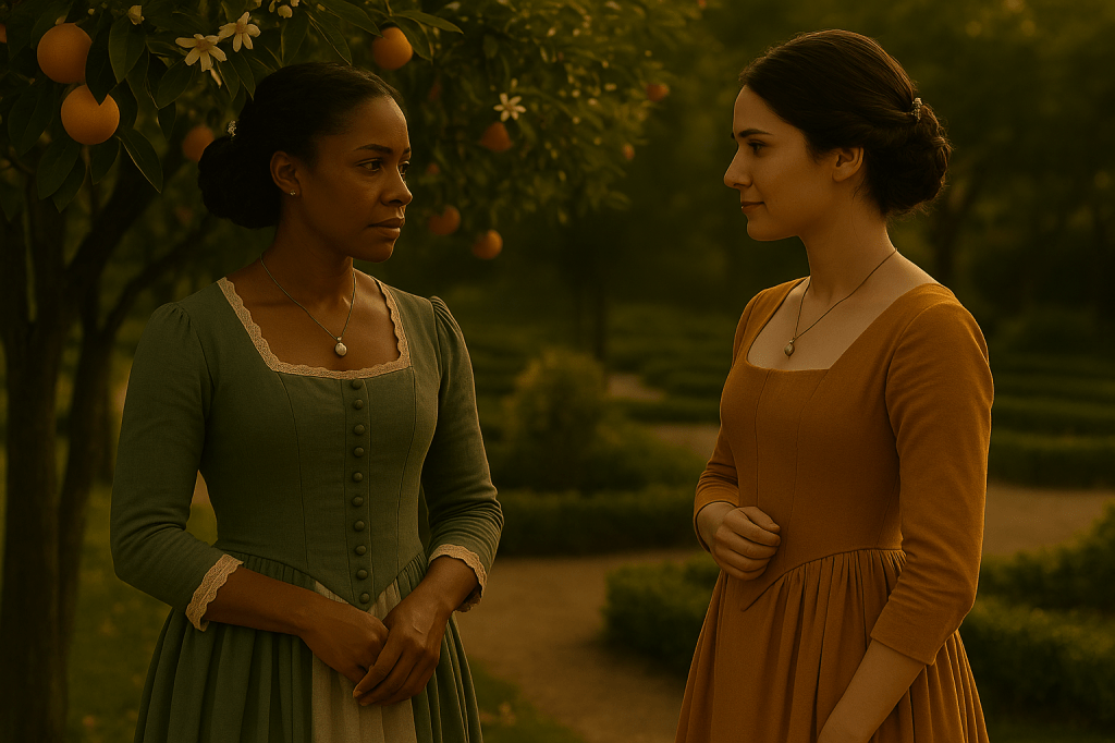 HORIZONTAL CINEMATIC IMAGE: A gorgeously shot, fairy tale realistic scene styled like a film still from a Charles Perrault–era historical drama. The moment is set in the late afternoon golden hour within a French palace garden, where soft amber light filters through orange blossom trees heavy with fruit and flowers.

In the foreground stand two women in quiet conversation, captured at a moment of emotional intimacy and recognition. The atmosphere is calm, fragrant, and sun-warmed.

On the left stands Claudine, a poised Black woman of Caribbean-French heritage, with deep-brown skin glowing in the filtered light. Her tightly coiled black hair is styled into an elegant braided chignon adorned with pearl pins. She wears her canonical muted green linen gown, featuring a modest square neckline, cloth-covered buttons down the bodice, and ivory lace trim at the collar and cuffs. Her expression is serious yet warm — a look of quiet, steady assurance as she offers a rare moment of clarity and support.

On the right is Princess Aveline Beaumont, a French royal in her mid-to-late 20s. She has fair skin and dark hair styled in a low braided chignon, secured with a delicate hair comb. She wears her canonical ochre-gold gown for garden scenes — fitted bodice, square neckline, and long sleeves in a period-accurate silhouette. She gently touches the pendant at her collar, the one Cinder fastened for her, and her expression holds a subtle, heartfelt smile, as if the weight she’s carried is momentarily lifted by Claudine’s words.

The orange trees above are in bloom, casting delicate shadows over the characters, and the golden sunlight filters through the leaves, illuminating their faces and gowns in soft, glowing tones. The background shows a meandering palace garden path lined with trimmed hedges and distant stonework, adding to the historical realism.

This is a moment of emotional equilibrium — an exchange of truth that feels like permission. No fanfare. No consequences. Just recognition.

The image is rendered in horizontal cinematic format, with shallow depth of field, natural warm lighting, grounded textures, and a richly layered color palette of green, gold, and sun-washed amber. The tone is tender, transformative, and quietly affirming.