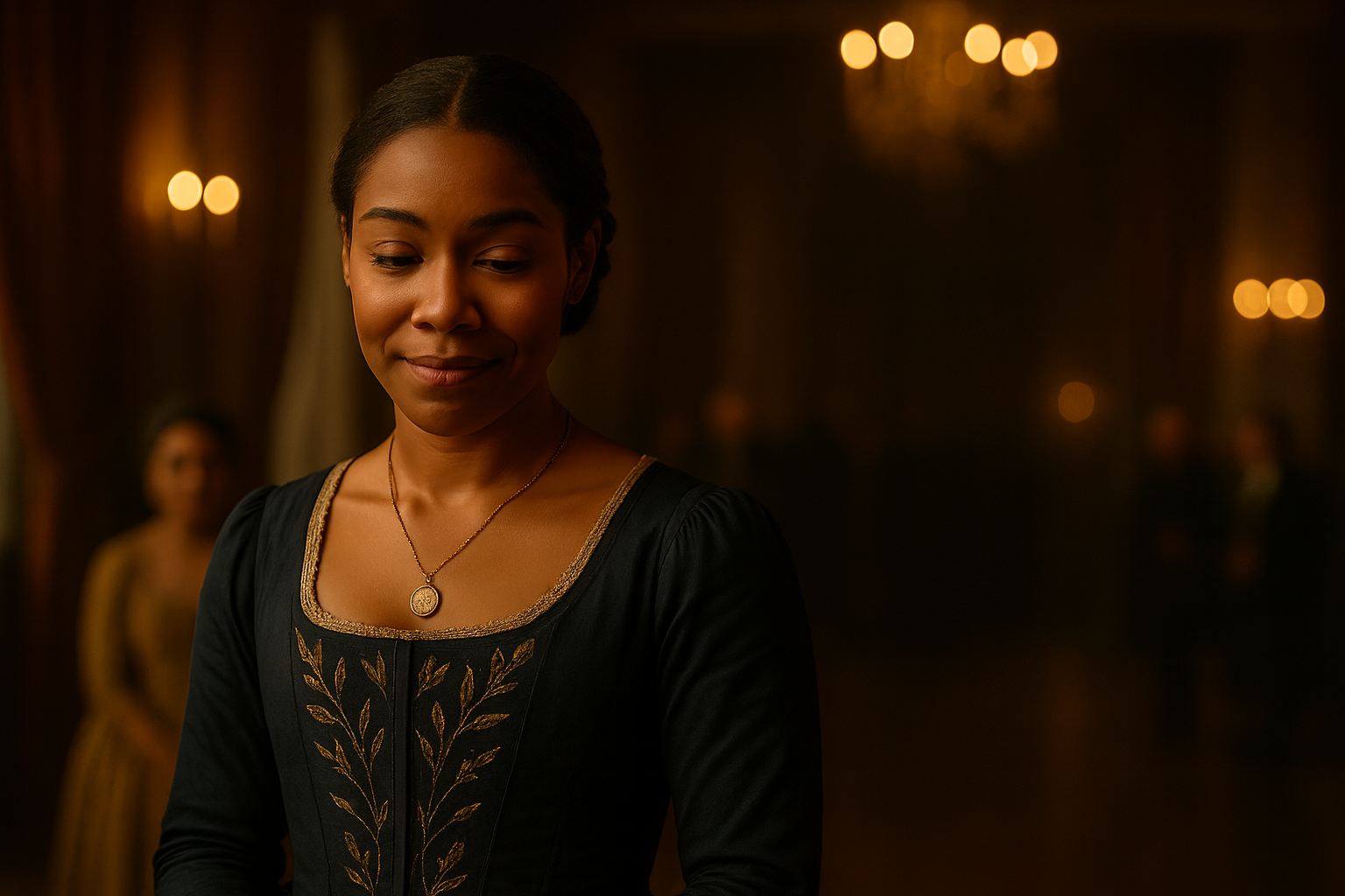 A horizontal cinematic still from a live-action fairy tale set in 17th–18th century France. The scene captures a poised Black woman in her late 20s standing alone in a softly lit royal chamber. She wears a deep indigo linen gown with long sleeves and delicate ivory-gold embroidery of vines and leaves along the bodice and neckline. A small, worn silver pendant rests at her collarbone, suggesting quiet history and importance. Her tightly coiled black hair is styled into a braided chignon, elegant and restrained. Her expression is unreadable—composed, observant, and subtly alert, as if she has just given a silent nod across the room.

The background features tall curtained windows letting in filtered daylight, casting warm, natural shadows across the ivory-paneled walls and parquet flooring. The room evokes quiet power and restrained grandeur, with rich textures and soft candlelight glinting off the molding. The image is in the fairy tale realistic style—high production value, emotionally resonant, and lit like a historical period drama. There are no other characters in frame. The tone is one of watchfulness and quiet strength.