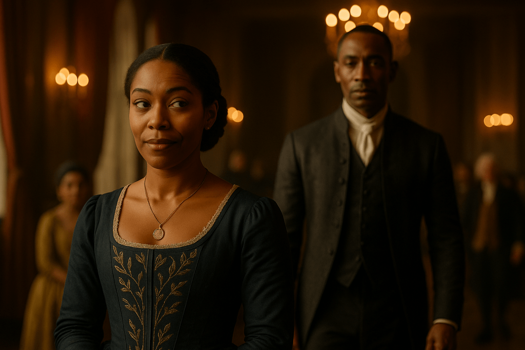 A horizontal cinematic still from a live-action fairy tale inspired by 17th–18th century France in the Charles Perrault tradition. The scene takes place in an opulent royal ballroom or council gallery within a grand French palace. The room is richly appointed with tall arched windows, crimson velvet curtains, gold-accented wall paneling, and glowing chandeliers casting a warm amber light. The atmosphere is hushed but tense—the kind of quiet that falls just before something important is said or done.

*In the immediate foreground, sharply in focus, stands Claudine Delisle—a poised Black noblewoman in her mid-to-late 20s with deep-brown skin, almond-shaped dark eyes, and a composed, thoughtful expression. Her tightly coiled hair is styled in a braided chignon. She wears a dark indigo gown with delicate gold vine embroidery and a pale ivory lace trim, along with a small, worn silver medallion necklace—symbolic of her Caribbean heritage. She stands with her body turned slightly away from the camera, but her head is angled over her shoulder, looking to the left with an expression of elegant restraint and subtle concern—an unspoken “Ah. Here comes Thibault.”

Behind her, softly blurred in shallow depth of field, strides Lord Thibault—a tall, sharply dressed French nobleman in his late 40s. He wears a tailored charcoal coat embroidered subtly with silver thread and a crisp white cravat. His posture is upright, confident, and unhurried as he walks toward the room, just entering the golden glow of the chandeliers. His expression is unreadable, his presence commanding.

In the background, courtiers mill quietly, their figures softly blurred—men and women in powdered wigs and Baroque formalwear, murmuring behind folding fans or observing from a distance. The image captures a frozen moment of political and personal awareness: Claudine sees what others have not yet noticed. Thibault has arrived, and everything is about to shift.