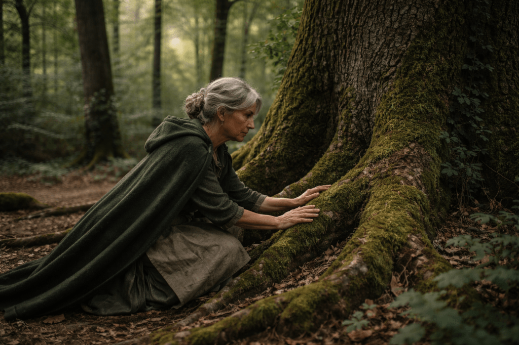 A horizontal, photorealistic cinematic still set deep within an ancient forest in rural France. A French woman in her late 40s to early 60s kneels at the base of a massive, moss-covered oak, its exposed roots spreading across the forest floor.

She has silver-gray hair gathered loosely at the nape of her neck, with a few wisps escaping. Her expression is calm, focused, and quietly knowing—neither solemn nor performative.

She wears a dark green wool cloak of heirloom quality over a faded linen dress and a well-used apron, all in muted, earth-toned colors. Her hands rest naturally against the moss-covered roots, as if through long familiarity rather than ritual.

Light filters softly through the canopy above—natural, diffused, and unforced. The forest feels attentive but not dramatic, old but not mystical.

Camera angle is slightly elevated and set back, never frontal, maintaining respectful distance. The woman is not centered in frame; the tree and surrounding forest carry equal visual weight.

The image emphasizes continuity, grounded authority, and a woman in quiet communion with a place she has tended for many years.

REFUSAL LOCKS

No glowing magic or visual effects

No fantasy symbols or sigils

No ritualistic posing

No theatrical lighting

No mythic or saintly framing
