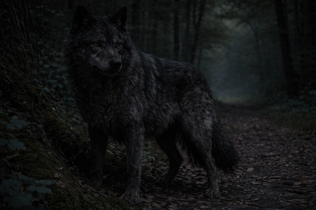 FINAL LOCKED PROMPT v3

PROMPT (LOCKED)

A horizontal, photorealistic cinematic still set deep within an ancient French forest. The light is dim and cool, filtered through dense trees, with no visible sun or dramatic contrast.

Near the edge of a narrow forest path, a large wolf stands partially in shadow. At first glance he appears animal, but prolonged observation reveals subtle but persistent wrongness in his form. His torso is slightly too long, his shoulders disproportionately heavy and high-set, giving him a top-weighted presence that feels burdensome rather than powerful—as if his body carries the accumulated weight of time rather than muscle alone.

His neck sits a fraction too compressed into the shoulders, creating an uncomfortable transition between head and body. The proportions are not monstrous, but they feel incorrect, as though shaped by long proximity to humans and human ways rather than by the wild alone.

His fur is dark, thick, and uneven, marked by age, old scars, and areas of thinning and wear. The coat is not clean, glossy, or symmetrical. It looks lived in, neglected, and enduring rather than strong.

His face is wolf-like but subtly unsettling. One side carries slightly more wear than the other—an unevenness around the muzzle and eyes that breaks symmetry. His eyes are matte, not reflective, angled slightly away from the camera as if attending to something just beyond the frame. The gaze is intelligent and assessing, but not predatory. It feels patient, ideological, and uncomfortably familiar.

His mouth is closed or only faintly parted. His teeth are visible only in suggestion—worn, irregular, and imperfect, with a human-adjacent unevenness rather than the clean uniformity of a natural predator.

At the base of his neck and upper chest, partially obscured by fur, is a dark, irregular sigil scarred into him long ago. The mark is unmistakably a wound: uneven edges, discolored tissue, scar texture that interrupts the fur’s natural growth. It does not glow. It appears burned or carved in years before and never healed correctly. It is clearly intentional and clearly not natural.

The wolf is completely still. He is not attacking, running, or posturing. His body language suggests possession rather than pursuit, as if the forest path already belongs to him and has for a very long time.

Camera framing is medium-wide and off-center. The wolf does not dominate the frame; the forest presses in around him. He feels embedded in the landscape rather than standing apart from it.

The mood is tense, quiet, and deeply unsettling. This is not a monster in motion, but a presence that has learned how to wait.

🔒 REFUSAL LOCKS (ABSOLUTE)

No snarling, roaring, or attack pose

No exaggerated fantasy anatomy or monstrous distortion

No glowing eyes, sigils, or magical effects

No blood, gore, or violence

No heroic, dominant, or cinematic spotlighting

No ordinary wildlife-photography realism

No majestic, noble, or “alpha wolf” framing