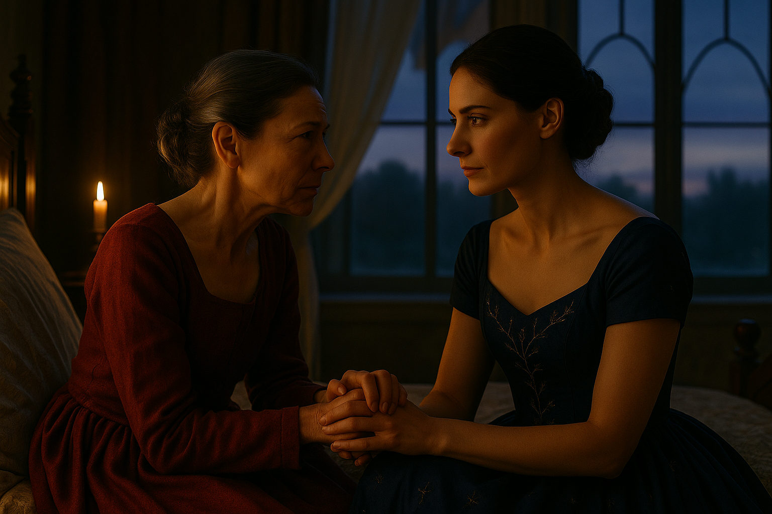 A cinematic, photorealistic depiction of an intimate and emotional moment between Princess Aveline Beaumont and Queen Geneviève Beaumont in the final days before the Queen’s passing. The setting is a dimly lit, opulent Charles Perrault–era royal chamber at dawn, with tall arched windows allowing in the first soft light of morning, symbolic of a changing era. The Queen, in her late 40s, with fair skin, high cheekbones, a regal but softened expression, and wearing her deep garnet silk gown with gold embroidery and a gold filigree crown, sits upright but visibly weakened in a carved wooden chair near the window. Beside her, Princess Aveline, in her mid-to-late 20s with fair skin, dark hair in a braided low chignon, and wearing her ochre-gold royal gown, leans forward slightly, her hand resting gently over her mother’s in a gesture of promise and farewell. The Queen’s frail hand rests in hers, both illuminated by a beam of soft morning light. In the background, blurred silhouettes of nobles and attendants can be faintly seen moving at a distance, giving the impression of court life continuing beyond this private moment. The composition focuses on the two women in the foreground, with rich warm tones, detailed period-accurate costuming, soft chiaroscuro lighting, and subtle bokeh from golden candlelight. The mood is intimate, reverent, and bittersweet, capturing the weight of legacy and the personal cost of leadership.