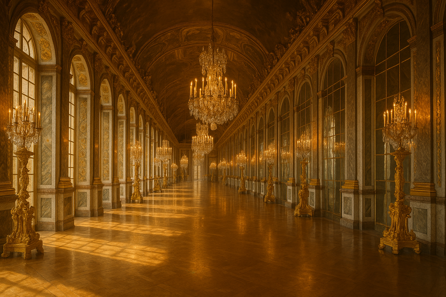 HORIZONTAL CINEMATIC IMAGE — A cinematic, gorgeously shot, fairy tale realistic depiction of the Hall of Mirrors (La Galerie des Glaces) inside a Charles Perrault–era French palace. The perspective stretches endlessly in a wide horizontal view. The polished Carrara marble floors gleam under the warm golden light of countless cascading crystal chandeliers. Each chandelier hangs from a high, vaulted ceiling adorned with intricate baroque frescoes and coffered arches.

Gilded filigree, curling like vines, wraps around the mirrored panels that line the entire right side of the corridor. Opposite them, towering arched windows pour sunlight into the hall, refracting into soft rainbows on the floor and the mirrored walls. Between each mirror and window stand golden torchères and candelabras, ornately carved and glittering with crystal droplets.

The air seems perfumed with the faint scent of orange blossom, as though the opulence itself exudes warmth and delicate sweetness. The entire atmosphere radiates dreamlike majesty, French court elegance, and timeless splendor—fit for royalty, enchantment, or a pivotal moment in a fairy tale.

Shot in cinematic fairy tale realism, with a soft depth of field, gentle sun flares, and golden-hour lighting that evokes both awe and nostalgia.