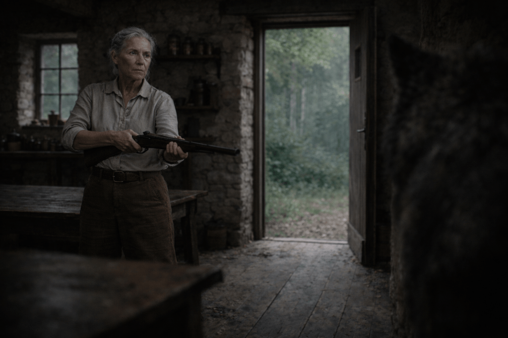 IMAGE — THE CONFRONTATION (OPTION 1)
“You’re in my house now.”
FINAL LOCKED PROMPT — V2.2 (MICRO-PASS: POSTURE / VISIBILITY / COMPOSITION)

A horizontal, photorealistic cinematic still set inside a lived-in stone cottage at the edge of an ancient French forest.

The interior is practical and inhabited, not decorative: worn wooden floors, thick stone walls, shelves holding everyday objects, tools, and inherited household items. A sturdy wooden table intrudes into the frame from the lower foreground, partially obscuring the lower half of the scene and breaking the symmetry of the composition. Nothing ornamental. Everything bears the marks of long, repeated use.

Lighting is entirely motivated by the exterior environment. Cool, forest-filtered daylight enters through the open front door and a small window, creating soft, diffuse illumination. No artificial light sources. No dramatic contrast. Shadows extend inward unevenly from the forest outside, settling across the room in a way that feels incidental rather than composed.

At center-left of the frame stands Grandmother Madeleine Valois, alone.

She is a French woman in her late 60s to early 70s, visibly shaped by decades of physical work and survival rather than age softened by comfort. Her posture is upright and steady, grounded through habit rather than strength.

She holds an old iron-barrel rifle low but ready, the stock resting closer to her body than an active firing position. The barrel angles slightly downward, no longer aligned as an immediate aim. Her grip is relaxed but absolute. The rifle reads as settled fact — a consequence already decided — rather than a threat in motion.

Madeleine wears a collared linen shirt with rolled sleeves and high-waisted wool trousers, secured with a worn leather belt and sturdy boots. Her clothing is practical, repaired, and chosen for endurance and movement. Her face shows the marks of age without softness — fine lines, weathering, and lived-in resolve. Her eyes are fixed forward with absolute clarity. She does not blink. She does not hurry.

At the far right edge of the frame, Fenris is partially visible, but now more obstructed than silhouetted: the bulk of a dark shoulder pressed against the doorframe, the broken line of fur interrupted by stone, and the suggestion of an ear or muzzle caught behind architectural shadow. His form is incomplete, spatially constrained, and visually interrupted by the doorway itself. He does not read as a figure in shadow, but as something physically out of place inside the room.

Behind him, the front door stands open, revealing the cool, dim forest beyond. The exterior light presses inward, claiming the threshold and emphasizing that Fenris has crossed into a space that does not belong to him.

No other women are visible.

The camera framing is medium-wide and observational, slightly off-center. Madeleine holds visual authority through stillness and placement rather than scale or gesture. Fenris remains peripheral, constrained by architecture, framing, and her presence.

The mood is tense, controlled, and irrevocable.

This is the moment jurisdiction is declared.
This is not the start of violence.
This is the moment violence becomes unnecessary to explain.

🔒 REFUSAL LOCKS (ABSOLUTE)

No heroic or dramatic posing

No stylized combat lighting

No magical effects or glowing elements

No snarling, roaring, or lunging from Fenris

No visual dominance framing for Fenris

No cozy or sentimental domestic warmth

No other women visible in frame

No fantasy props or decorative interiors