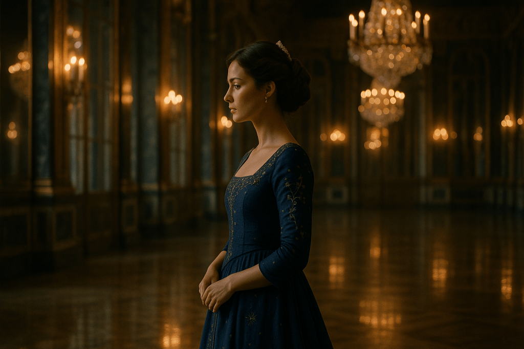 A cinematic, gorgeously shot, fairy tale realistic depiction of a young, royal French woman in her mid-to-late 20s, Princess Aveline Beaumont, inside a grand ballroom, preparing to host an upcoming ball. The setting is richly opulent—towering mirrors stretch to the ceiling, and crystalline chandeliers cast soft, golden light across polished Carrara marble floors. A faint reflection of Princess Aveline is visible on the marble beneath her, subtly reinforcing her solitude and inner turmoil.

She stands alone in quiet contemplation, her posture poised yet burdened, with her gaze distant—lost in thought, bearing the invisible weight of duty and inheritance as the kingdom's heir. Her gown is deep indigo, floor-length, elegant and understated, flowing gracefully with delicate silver embroidery tracing vines and stars that shimmer subtly in the candlelight. Her chestnut-brown hair is styled into a braided chignon with a pearl comb nestled in the back, while a few soft tendrils frame her refined, thoughtful face. Her expression is solemn, introspective, evoking both nobility and vulnerability.

The cinematic lighting heightens both the grandeur of the upcoming celebration and the quiet heaviness of her emotional state. This image captures the stillness before movement—the princess poised at the edge of duty and desire, in a ballroom that becomes a silent witness to her unspoken fears and regal restraint. Shot in naturalistic, Charles Perrault–era fairy tale style, with soft golden shadows, fine detail in fabric and architecture, and a moody, painterly tone.