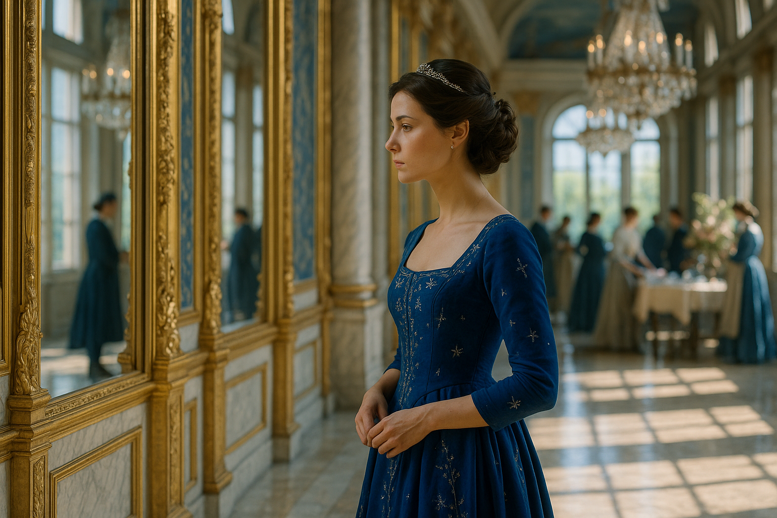 A cinematic, fairy tale realistic image of Princess Aveline Beaumont, a French royal woman in her mid-to-late 20s, standing in poised contemplation inside a sunlit Baroque palace hall. The vast corridor is adorned with towering gilded mirrors, marble columns, and ornate crystal chandeliers, now catching natural daylight streaming through tall arched windows. The polished marble floor reflects the golden light and the soft movement in the space.

Princess Aveline stands alone in the foreground, her posture serene but inwardly reflective. She wears a deep indigo floor-length gown embroidered with silver stars and delicate vines, catching subtle sunlight. Her chestnut-brown hair is arranged in a formal braided chignon accented with a pearl comb or delicate tiara, with a few loose tendrils framing her gentle, thoughtful profile. She gazes into the distance or perhaps into the mirror beside her, caught in a moment of silent reflection.

In the soft-focus background, blurred figures of court attendants and royal subjects bustle quietly—arranging flowers, discussing decor, tuning instruments—all preparing for the upcoming royal ball. Their presence suggests life and movement, yet the framing keeps Aveline emotionally isolated in her moment of stillness. She is central, but detached—a queen in waiting, surrounded by activity but burdened with introspection.

The atmosphere is calm, elevated by the sun-drenched elegance of the space, evoking a Charles Perrault–era aesthetic. The lighting is natural and golden, with shadows and light pooling on the floor in a painterly pattern. This image captures the contrast between Aveline's quiet solitude and the palace’s celebratory momentum—a portrait of poised vulnerability before ceremony overtakes her.