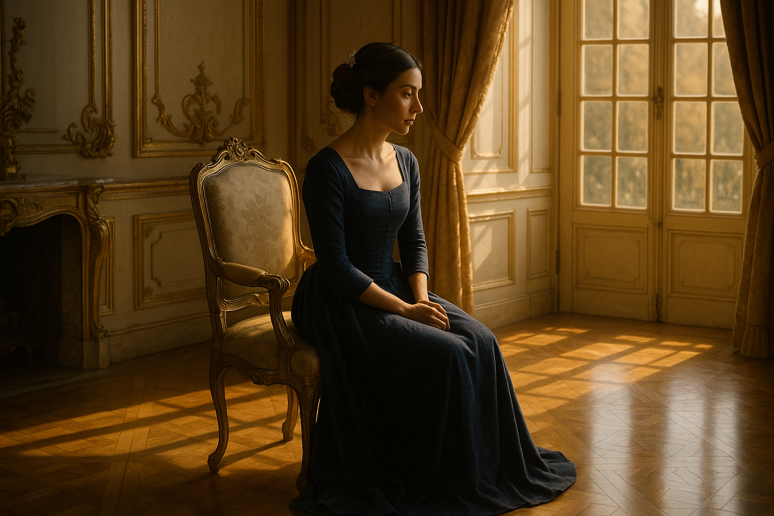 A cinematic, fairy tale realistic depiction of a French royal sitting room in the late afternoon. The room is elegant and refined in Rococo style, with tall arched windows draped in golden curtains, intricate gilded wall molding, and a polished parquet wood floor that reflects warm shafts of sunlight. The late-day light streams in at an angle, casting golden patterns across the floor and walls, bathing the space in a soft, amber glow that evokes quiet serenity.

Princess Aveline Beaumont, a French royal woman in her mid-to-late 20s, sits in profile by the window on an ornately carved, upholstered chair. She has almond-shaped brown eyes, olive-toned skin, and chestnut-brown hair arranged in an elegant braided chignon adorned with a pearl comb. She wears a simple but graceful floor-length gown in deep indigo, with subtle texture or embroidery visible only where the light catches. Her posture is regal yet introspective—hands resting gently in her lap, head slightly tilted downward, lips closed in a pensive expression.

The scene conveys quiet elegance and subtle melancholy. The mood is intimate rather than grand, focused on the stillness of her presence in this gilded space. No other figures are present. The viewer feels as though they’ve stumbled upon a private moment—the princess lost in thought, caught in a beam of dying light before dusk.

This should feel like a frame from a gorgeously lit period film: painterly, emotionally rich, and steeped in Charles Perrault–inspired French fairy tale realism.