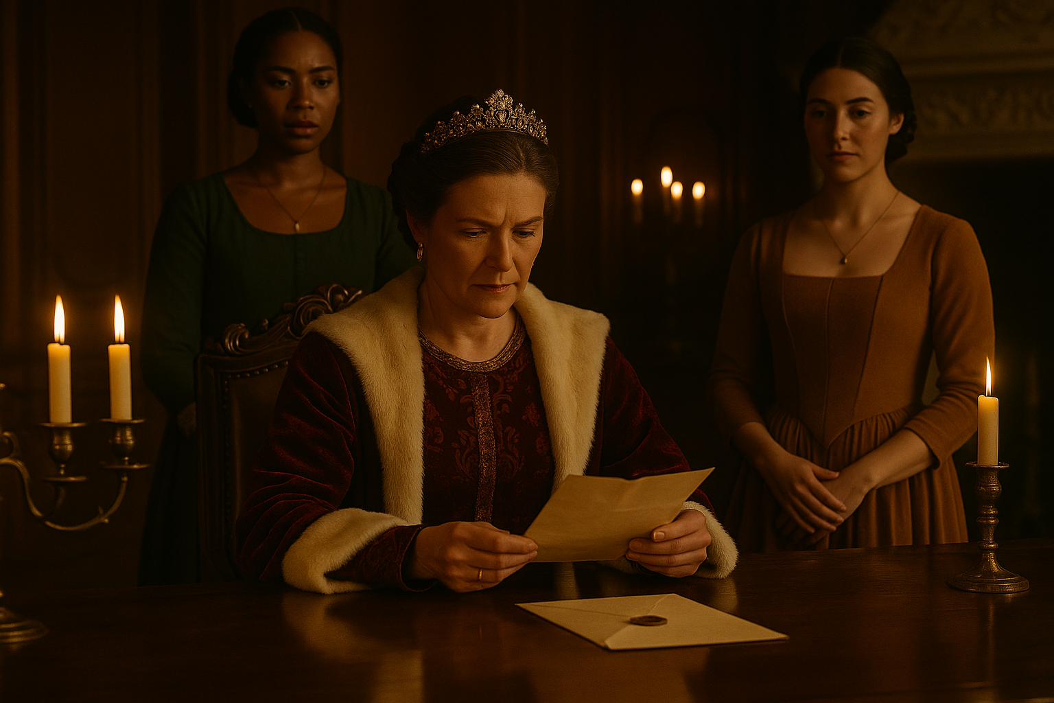 A cinematic, period-drama still photograph capturing three women in a richly appointed royal council chamber. Queen Geneviève Beaumont sits at the head of a long carved table, her regal presence commanding the room. She is a French queen in her late 40s with fair skin, high cheekbones, and a stern, unreadable expression. Her dark braided hair is pulled into a polished chignon, and she wears a deep red velvet gown with gold embroidery and a fur-trimmed robe. In front of her lies a sealed letter she has just opened—marked with Thibault’s wax.

On her right stands her daughter, Princess Aveline Beaumont, a French woman in her mid-to-late 20s with fair skin and a contemplative expression. She wears her ochre-gold royal gown with long sleeves and square neckline, her chestnut-brown hair styled in a braided low chignon. She stands beside the Queen, her posture poised but tense.

Slightly behind Aveline stands Claudine Delisle, her trusted advisor—a poised Black noblewoman with deep brown skin and tightly coiled black hair braided into a chignon. She wears her forest-green court gown with fitted sleeves and ivory lace trim. Claudine watches the Queen intently, her hands folded in front of her.

The atmosphere is heavy with tension and political weight. Sunlight filters in through tall palace windows, catching dust in the air, casting long shadows across the ornate parquet floor. The table is polished, long, and solemn—surrounded by high-backed chairs, but the Queen sits alone at its head. The tone is one of quiet authority, veiled conflict, and cold calculation.