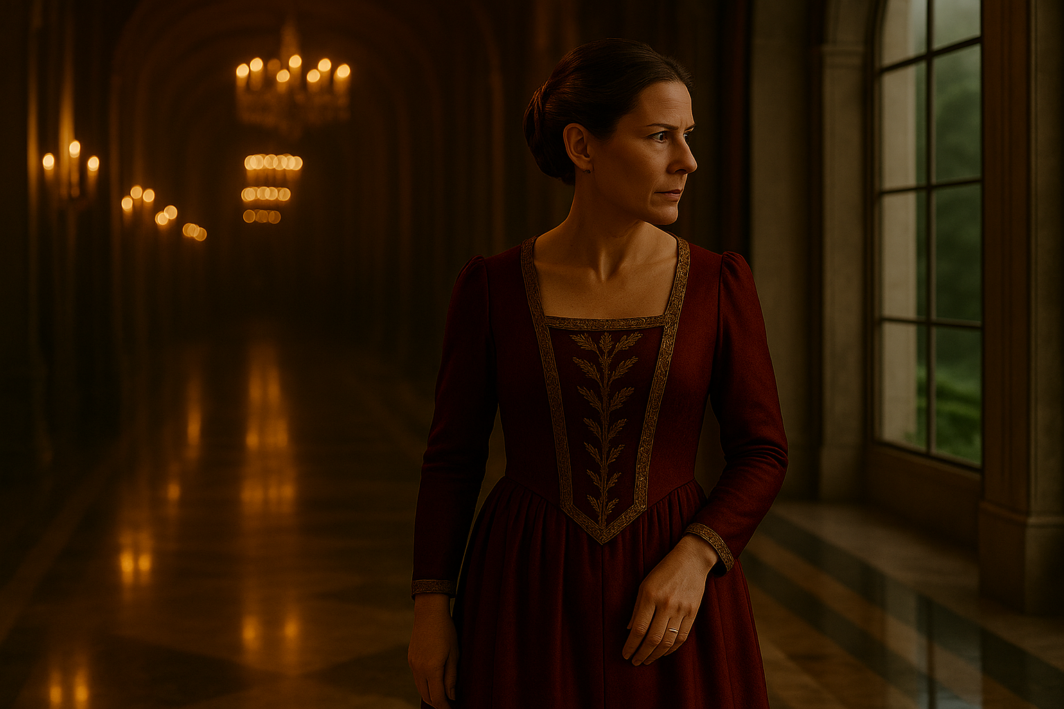 A horizontal, cinematic, gorgeously lit, fairy tale–realistic film still set in a Charles Perrault–style 17th-century French palace. The image features Queen Geneviève Beaumont, a regal French queen in her late 40s, standing alone in a vast marble corridor with a vaulted ceiling and arched windows. Her dark chestnut hair, streaked with silver, is styled into a braided chignon secured with an ivory comb. She wears her canonical deep garnet silk ball gown with a high neckline, long sleeves, and gold vine embroidery down the bodice and cuffs. She wears no necklace or earrings—only a simple gold wedding band on one hand. The lighting is dim and moody, lit by chandeliers and wall sconces casting warm golden highlights and deep shadows across the polished Carrara marble floor.

To her right, tall windows reveal a lush, sunlit royal garden outside—symbolizing possibility and freedom. The Queen stands near the window but turned inward, her expression thoughtful and restrained, posture upright with one arm lowered at her side and the other slightly bent, as if mid-step or mid-thought. The framing contrasts the luminous outside world with the darker, more confined interior, emphasizing emotional distance and quiet power. The visual tone conveys regal command under pressure, solitude, and the unspoken tension of maternal expectation.