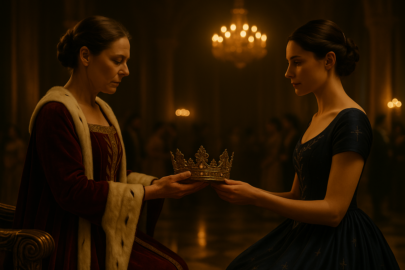 A cinematic, photorealistic image capturing the solemn abdication of a French queen to her daughter, set in a grand Charles Perrault–style palace interior. Queen Geneviève Beaumont, a French queen in her late forties with fair skin, high cheekbones, and a stern yet softened expression, wears her established deep garnet velvet gown with gold embroidery and fur-trimmed cream robe. Her hair is styled in a braided chignon with a polished ivory comb, no crown upon her head to signify her relinquishing of power. She sits slightly in shadow, the dim golden candlelight from crystal chandeliers glinting off the intricate embroidery of her gown.

Opposite her stands Princess Aveline Beaumont, mid-to-late twenties, fair skin, dark hair styled in a braided low chignon with a delicate hair comb, wearing her deep indigo silk royal ball gown with understated silver embroidery of vines and stars. The light falls more fully on Aveline, softly illuminating her face and gown in a symbolic “passing of the torch,” while her mother remains partially in the darker half of the frame.

We, Queen Aveline Beaumont and Crown Steward Cinder DuBois, have walked through ashes and across marble halls, through shadows and candlelight, to claim a story that is ours alone — a Cinderella of Provence, woven with love, whispered magic, and defiance.