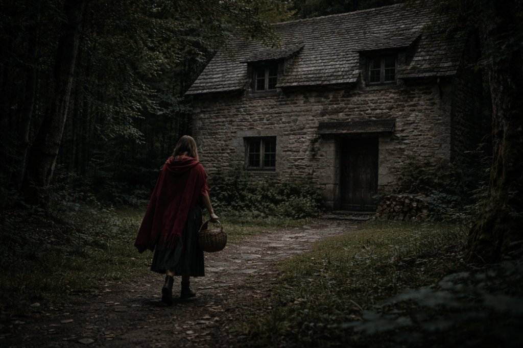 IMAGE 1 — Arrival at Madeleine’s Cottage (Threshold)
LOCKED EXTERIOR PROMPT

PROMPT (LOCKED)

A horizontal, photorealistic cinematic still set at the edge of an ancient French forest. A two-story rural stone cottage stands where the tree line breaks, its back nearly pressed into the woods.

The house is old but well maintained: thick stone walls with visible repairs, small practical windows, wooden shutters that have been mended rather than replaced, and a steep slate roof built to endure heavy weather. A solid wooden door sits slightly recessed beneath a shallow stone lintel. No decorative trim. No charm for show. This is a house built to last and to be defended.

The forest presses close around it. Tall trees crowd the edges of the frame, their trunks narrowing the visible sky. Branches lean inward as if listening. The clearing is small and deliberate, carved out rather than open.

In the foreground, a young French woman in her late 20s—Red Valois—steps onto the worn stone path leading to the door. She carries a woven basket at her side. She wears a simple, weathered red wool cloak over a linen blouse and dark skirt, with well-worn leather boots. Her posture is relaxed but alert, familiar with the place. She is not hesitant, but she is attentive.

The door is half-shadowed, catching only indirect light. The interior beyond is not visible. The windows above reflect muted forest tones rather than sky.

The light is natural and restrained—late morning or early afternoon—soft, neutral, and unforced. There is no golden glow, no dramatic contrast. The atmosphere is calm, but subtly watchful.

Camera framing is slightly offset and observational. The house occupies more visual weight than Red, emphasizing its presence and authority. The composition allows negative space where the forest presses in, creating quiet unease without overt threat.

The mood suggests false safety: this is not a refuge, but a threshold. A place that looks peaceful because it expects trouble.

🔒 REFUSAL LOCKS

No fairy-tale whimsy or cottagecore styling

No ruin, decay, or abandonment

No visible wolf or threat

No welcoming warmth or sentimental framing

No dramatic lighting or heroic composition