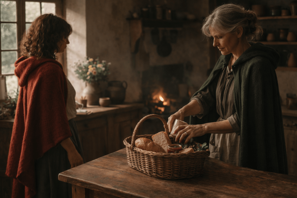 A horizontal, photorealistic cinematic still inside a modest rural French cottage kitchen in the morning. Warm, natural daylight enters from a small-paned window on the left side of the frame, softly illuminating a sturdy wooden table in the foreground.

A woven basket sits open on the table, containing a crusty loaf of bread, a wedge of cheese, and a small jar of preserves wrapped in cloth. An older French woman’s hands are in mid-motion as she places the final item into the basket with practiced ease.

The older woman stands at the table, angled slightly away from the camera. She is a French woman in her late 40s to early 60s with silver-gray hair gathered loosely at the nape of her neck. She wears a dark green wool cloak over a faded linen dress and a well-used apron. Her expression is calm, attentive, and focused on the task rather than on the person beside her.

Nearby, a younger French woman stands partially turned away, already preparing to leave. She wears a simple red wool cloak over a light linen blouse and a dark wool skirt. Her posture is relaxed, familiar, and slightly impatient rather than emotional, as if this is a routine moment she has experienced many times before.

The background is understated and functional: shelves lined with clay and wooden vessels, a tidy hearth with a small fire burning low, signs of daily life rather than decoration. A simple bouquet of wildflowers rests near the window without drawing focus.

Camera framing is intimate but uncomposed, eye-level, medium distance. Faces may be partially visible but neither woman is posed or centered. The basket and hands remain the visual anchor of the frame.

Lighting is natural and restrained, with soft contrast and warm earth tones. No dramatic shadows, no theatrical glow.

The mood is warm, practical, and affectionate without sentimentality. This is care as habit, not farewell. The image feels incidental, as if caught mid-routine.

🔒 REFUSAL / NEGATIVE PROMPT (CRITICAL)

No heightened emotional gazes
No symbolic or staged composition
No theatrical or spotlight lighting
No fantasy props or anachronistic objects
No overt foreshadowing or farewell framing
No stylized “storybook” aesthetic
No glow effects, magical light, or visual mysticism