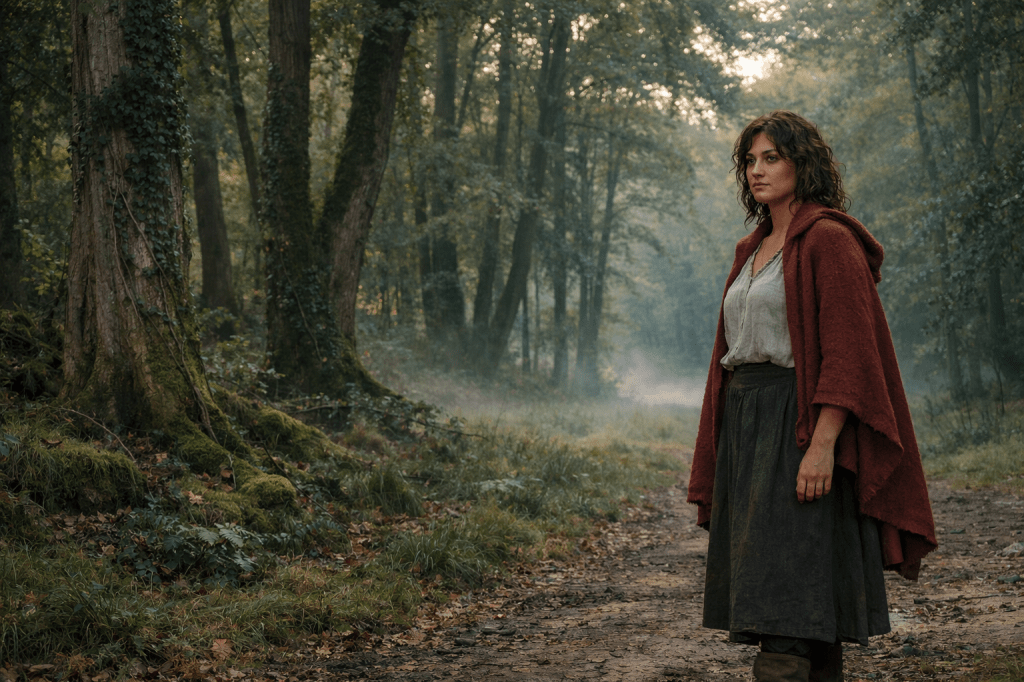 A restrained, horizontal, photorealistic cinematic still of a young French woman in her late 20s standing at the edge of an ancient French forest at dawn. She has unruly chestnut curls and olive-toned skin. She wears a simple, weathered red wool cloak draped over her shoulders, a loose off-white linen blouse tucked into a dark wool skirt, and well-worn leather boots that suggest long walks on rural paths. Her posture is relaxed but alert, one hand resting loosely at her side. The setting is rural fairy-tale France, grounded in realism. Behind her, ancient trees stretch upward, their trunks wrapped in ivy, their canopies filtering soft early morning light. The forest floor is layered with moss and fallen leaves, and a low mist drifts near the ground. There is a hush in the air, as if the woods are listening. Camera is at eye level, medium distance, observational rather than heroic. The woman is not centered in frame; the forest occupies more visual space than she does. Color palette is subdued: deep greens, weathered browns, soft red. The mood is calm, confident, and quietly defiant. This is not a chase, not a warning—this is presence. REFUSAL LOCKS 
* No dramatic pose 
* No glowing magic or visual effects * No fantasy armor or stylized cloak * No heroic framing 
* No visible wolf
