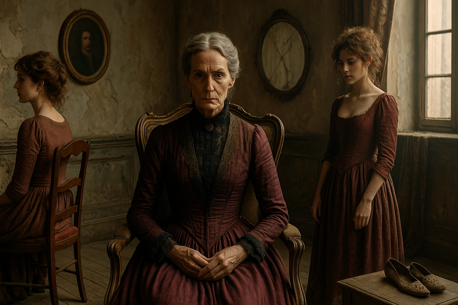A haunting, cinematic image in the style of a fairy tale film still, set in a richly decaying French château from the late 18th to early 19th century. Three French women in period attire are captured in a tense, emotionally complex moment. At the center, a stern older woman in her early 50s sits in an ornate carved wooden chair with upright posture, dressed in a high-collared burgundy gown with black lace trim. Her silver-gray hair is pulled back tightly, and her expression is cold and unyielding. Behind her hangs a faded, oval-framed portrait of a long-dead patriarch. To her left, one stepsister in her late 20s sits in profile on a wooden chair, turned slightly away in disinterest or defiance, wearing a muted rust-colored gown. To the right, the other stepsister, also in her late 20s, stands near a cracked oval mirror, her reflection fragmented. She wears a worn reddish-brown dress and looks downward, her posture uncertain or reflective. In the foreground, on a side table, a pair of worn, embroidered slippers suggest faded wealth or a lost past. The walls are peeling, the light golden and natural, filtering through tall, grimy-paned windows draped in faded brocade. Dust floats in the air, and the mood is tense, painterly, and richly atmospheric—evoking a story of control, decay, rivalry, and forgotten elegance. Shot in a horizontal composition, like a still from a live-action dark fairy tale adaptation. Filmic, realistic, and full of symbolic detail.