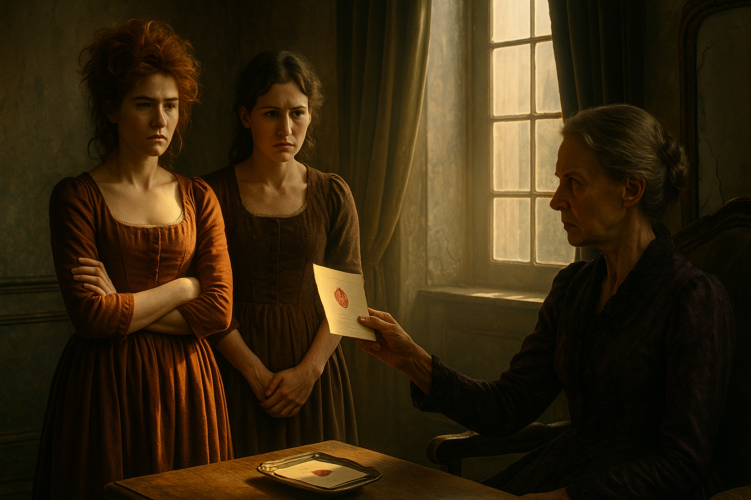 A horizontal, cinematic, fairy tale realistic film still set in a dimly lit sitting room of a crumbling French château estate in the early 19th century. Madame Violette, a stern French woman in her early 50s with an angular, lined face and gray hair scraped into a tight bun, sits rigidly in a high-backed chair. She wears a dark, frayed brocade gown. With a cold, calculating expression, she holds out a sealed royal invitation made of thick parchment and red wax, her hand extending across a table. Two French stepsisters in their late 20s stand before her, side by side—but their reactions contrast sharply. The first, in a muted rust-colored gown, stands with her arms crossed and a defiant, judgmental expression, refusing to look at her mother or the invitation. The second, in a reddish-brown dress, looks anxious and uncertain—her posture is tense and submissive, hands clasped in front of her. The soft, golden afternoon light pours in from a window behind them, casting long shadows. One sister is caught partially in shadow, the other in the warm light. On a silver tray nearby lies another sealed invitation, unopened. The cracked walls, heavy curtains, and worn wooden floors contribute to the faded grandeur of the scene. The image is rich in emotion, symbolic in composition, and styled as a film still from a live-action, dark period fairy tale.