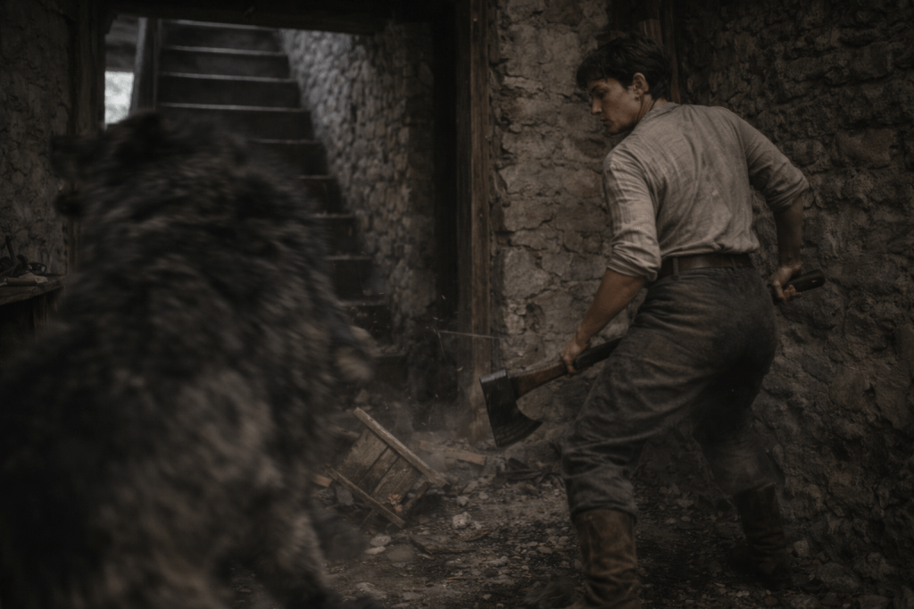 IMAGE 3 — SYLVIE STRIKES
FINAL LOCKED PROMPT — V1.2 (ANTI-POSE / MOTION-PRESERVING)

A horizontal, photorealistic cinematic still set in a narrow interior passage of the stone cottage, near the base of the stairs. The space is tight and compromised: low ceiling beams, close stone walls, the stair structure intruding unevenly into frame. The environment is mid-disruption — a chair partially collapsed against the wall, a small table already tipping past balance, household objects caught in the act of falling rather than already fallen.

Lighting remains entirely motivated by the exterior environment. Cool forest daylight bleeds in unevenly from an adjacent room and the open front door beyond, fractured by walls and doorframes. No dramatic contrast. No theatrical spotlighting. Shadows are broken, compressed, and unstable, as if the room itself is still adjusting to the movement that just occurred.

At center-right of the frame is Sylvie, captured mid-recovery, not at the end of a pose.

Her axe has already passed through its working arc and is still in motion, drawing back toward her body. The blade is low and partially obscured by her leg and the frame edge. Her grip is tightening, not presenting. Her knees remain bent, weight still settling unevenly through her boots. One shoulder is fractionally forward, correcting balance rather than displaying strength.

This is not a held stance.
This is a body finishing something heavy.

Sylvie’s expression is focused and unreadable — no punctuation, no release. Her face does not address Fenris or the camera. She is already looking past the action, as if attention has moved ahead of the moment itself.

Her appearance matches her canonical form exactly: tall, broad-shouldered, weathered; plain linen tunic and high-waisted wool trousers; sleeves rolled; boots flat and functional. The axe reads as a working tool in motion, not a weapon on display.

Fenris is caught mid-disruption, not recoil.

His body twists away into the narrow space, but the motion is incomplete — one paw misplacing, one shoulder colliding with the stone wall. His form is broken by architecture, motion blur, and shallow depth of field, denying a clean read. Part of his torso drops out of frame. His head is partially obscured by the stair structure.

He is not centered.
He is not readable in full.
He is already losing spatial authority.

There is no sense of speed emphasized — no cinematic blur trails, no stylized impact cues. The feeling is interruption, miscalculation, and sudden loss of coherence rather than pain or spectacle. No gore. No exaggeration.

The camera framing is medium-wide and observational, slightly off-center and imperfect, as if the camera operator had to adjust late. The frame does not resolve cleanly.

Sylvie holds visual authority through stability returning, not dominance expressed. Fenris is already fragmenting within the space.

The mood is sharp, irreversible, and grounded.

This is not the climax.
This is the moment after which resistance no longer organizes itself.

🔒 REFUSAL LOCKS (UNCHANGED)

No heroic or elevated combat posing

No slow-motion or stylized action effects

No blood spray or graphic injury

No magical glow or supernatural lighting

No dominance framing for Fenris

No emotional exaggeration from Sylvie