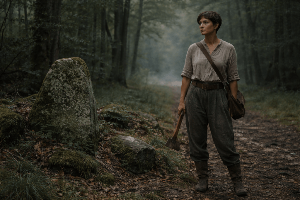 A horizontal, photorealistic cinematic still set in a quiet forest clearing in rural France at early morning. A tall, weathered French woman in her 30s stands near an ancient, moss-covered waystone partially embedded in the ground. She has short, dark cropped hair, broad shoulders, and strong, grounded features. Her expression is focused and alert, as if listening rather than watching. She wears a plain, earth-toned linen tunic tucked into high-waisted wool trousers, sleeves rolled to the elbows, scuffed leather boots, and a worn leather satchel slung across her chest. A handmade French axe rests against her shoulder or hangs loosely at her side—not raised, not displayed. The forest around her is still and cool-toned: damp earth, moss, fallen leaves, muted greens and browns. Light is natural and subdued, filtered through trees without visible shafts or dramatic mist. Camera framing is medium-wide and slightly off-center, observational rather than heroic. Sylvie does not dominate the frame; the waystone and surrounding forest share equal visual weight. The image conveys vigilance, endurance, and quiet readiness. This is not a moment of action, but of watchfulness. REFUSAL LOCKS No heroic stride or dramatic motion No golden-hour glow or light shafts No mythic or symbolic posing No battle stance