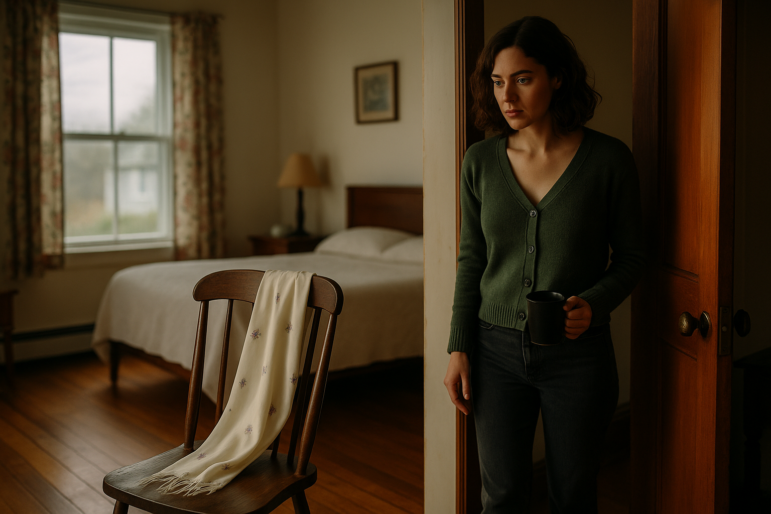 A cinematic, horizontal still frame from a prestige limited series, set in a coastal Maine cottage in late autumn. The scene shows Elise Harrow, a light-skinned woman in her early 30s with shoulder-length light brown hair slightly tousled by sea air, wearing a soft, neutral knit sweater and dark jeans. She has an introspective, slightly unsettled expression, as if she’s just noticed something out of place. Elise stands in a warmly lit bedroom with aged wood floors, pale floral curtains framing a window. Through the window, a faint glimpse of cool, grey coastal daylight connects this interior to the cottage’s exterior in earlier shots. In the foreground, draped over the back of a wooden chair, is the distinct ivory silk scarf embroidered with tiny purple violets — identical to the one in previous images, in both embroidery pattern and fabric texture. A faint, ambiguous shadow or motion blur lingers near the scarf, adding an uncanny undertone. The room is warmly colored but subtly worn, with a mix of vintage and coastal details (wood furniture, mismatched fabric textures). Shallow depth of field focuses on Elise and the scarf, leaving the rest of the room slightly softened. The overall mood is quiet, tense, and atmospheric, evoking a ghost story aesthetic. Hyper-realistic, photoreal, high-resolution film still style.