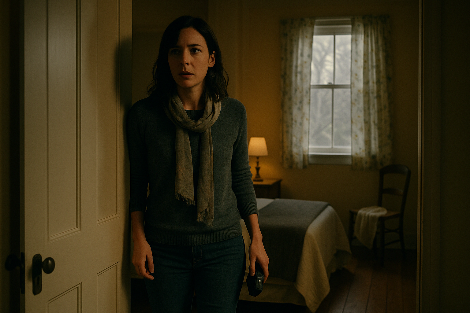 A cinematic, horizontal film still capturing Elise Harrow, a light-skinned woman in her early 30s with shoulder-length chestnut-brown hair, slight wave, wearing a dark green knit sweater and well-worn jeans, standing in the open bedroom doorway of a cozy, slightly weathered coastal cottage interior in Castine, Maine. She is paused mid-step, leaning slightly into the doorway, her body angled toward the center of the bedroom, eyes widened in an expression of startled recognition as if hearing something impossible — her own voice singing.

The bedroom features soft, late-afternoon light filtering through floral curtains, casting warm highlights over the wood floors. Against the far wall, the violet-embroidered ivory silk scarf (consistent with Image 2 in size, embroidery detail, and ivory color) is draped exactly over the back of a wooden chair by the window, unchanged in position from the previous scene for continuity.

A faint, cool sliver of exterior coastal light falls across the floorboards near Elise’s feet, subtly tying the interior to the Maine shoreline setting. The atmosphere is intimate yet uncanny, with muted tones, fine cinematic grain, and realistic lens depth-of-field to feel like a still from a prestige psychological ghost drama.

Shot with a wide aspect ratio (2.39:1), soft natural lighting, shallow depth-of-field, and rich cinematic color grading.