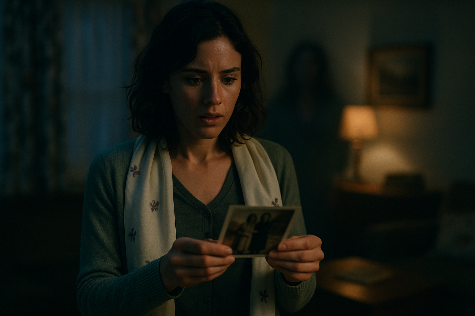 A cinematic, horizontal film still featuring Elise Harrow, a light-skinned woman in her early 30s with shoulder-length dark brown hair, wearing the same cozy autumn attire from the previous indoor scenes — a soft sweater layered over a button-down shirt, fitted dark jeans. She stands in the softly lit kitchen of The Violet Hollow, the faint, diffused coastal light spilling through a side window, tying the interior to the exterior from Image 1. The ivory silk scarf embroidered with tiny violets is draped naturally around her shoulders for continuity.

Elise is holding an old black-and-white photograph in one hand, gazing at it with an expression of cautious recognition — the kind of look where she’s not sure if she’s remembering something or experiencing it anew. The photograph itself (clearly visible but not dominating the frame) shows two women in a summer garden, one with the violet scarf draped over her shoulders, the other with her arm around her.

Subtle “two presences” effect: in the softly blurred background behind Elise, near the doorway, a faint, almost imperceptible motion blur or shadow suggests another figure just out of focus — warm-toned and human in silhouette, but indistinct enough to remain ambiguous. The wood floors, floral curtains, and slightly mismatched kitchen details from earlier images remain visible for world-building continuity. The mood is intimate yet unsettling, with muted autumn coastal tones and cinematic lighting that feels like a real film still, not an AI render.